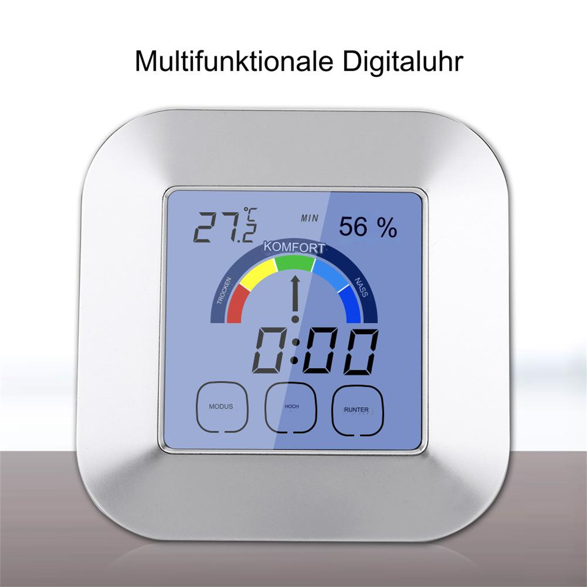 Eine Digitaluhr mit blauem Bildschirm. Die Uhr zeigt die Zeit 0:00 an.