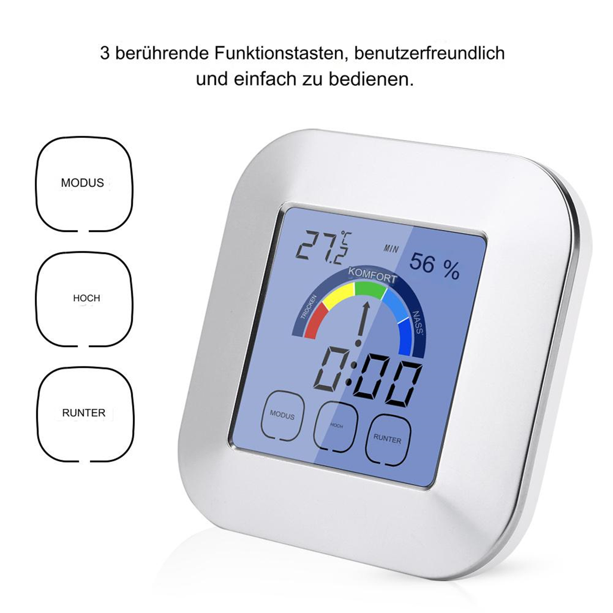 Digitaluhr zeigt Temperatur, Luftfeuchtigkeit und Uhrzeit an. Tasten zeigen Modus, hoch und runter. Der Bildschirm zeigt Komfort.