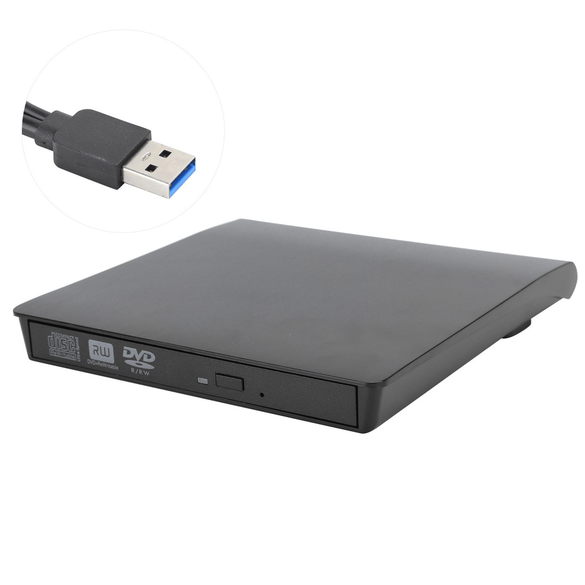 Schwarzes externes DVD-Laufwerk mit USB-Kabel, auf weißem Hintergrund.