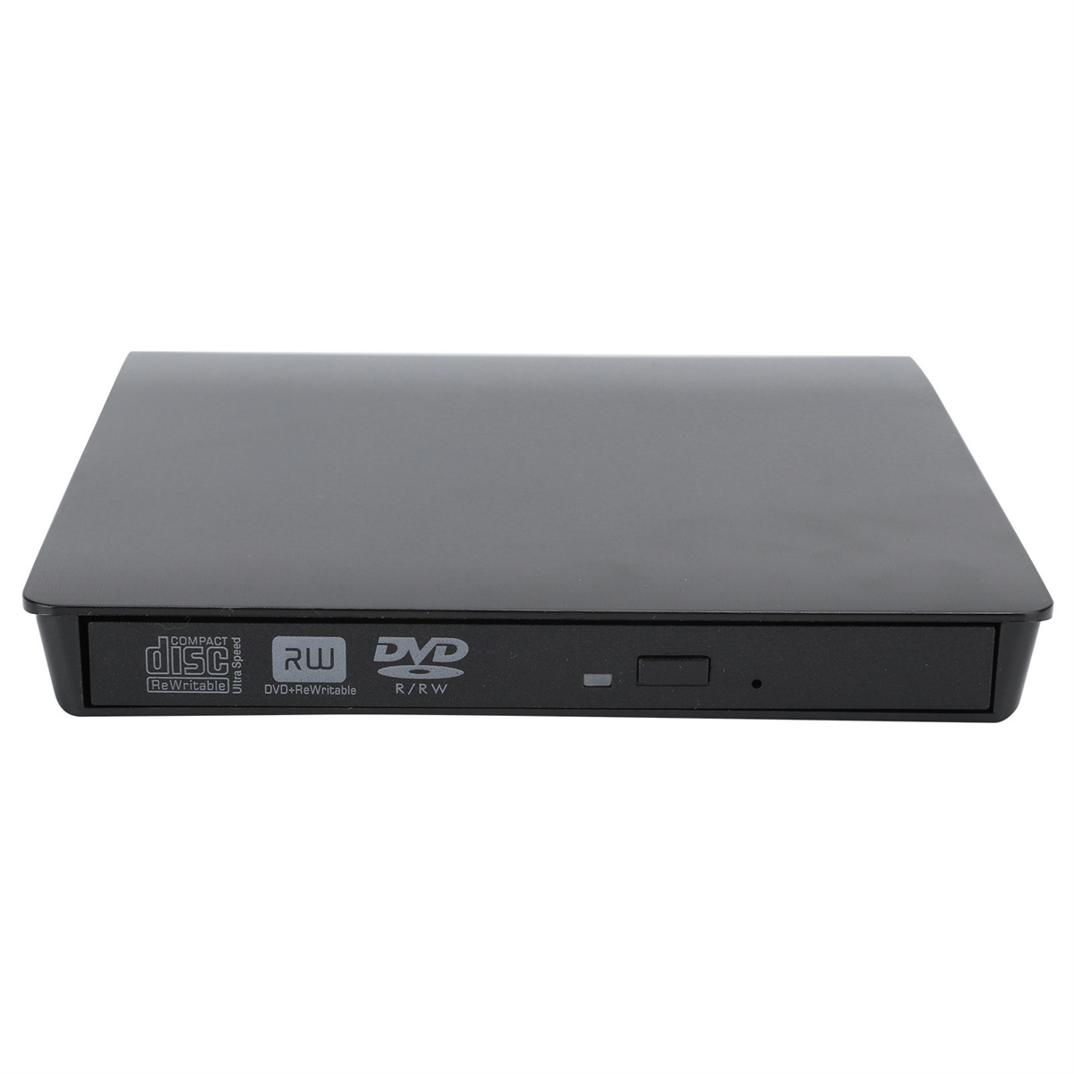 Schwarzes DVD-Laufwerk mit Disc- und RW/DVD-Etiketten, auf weißem Hintergrund, Draufsicht.