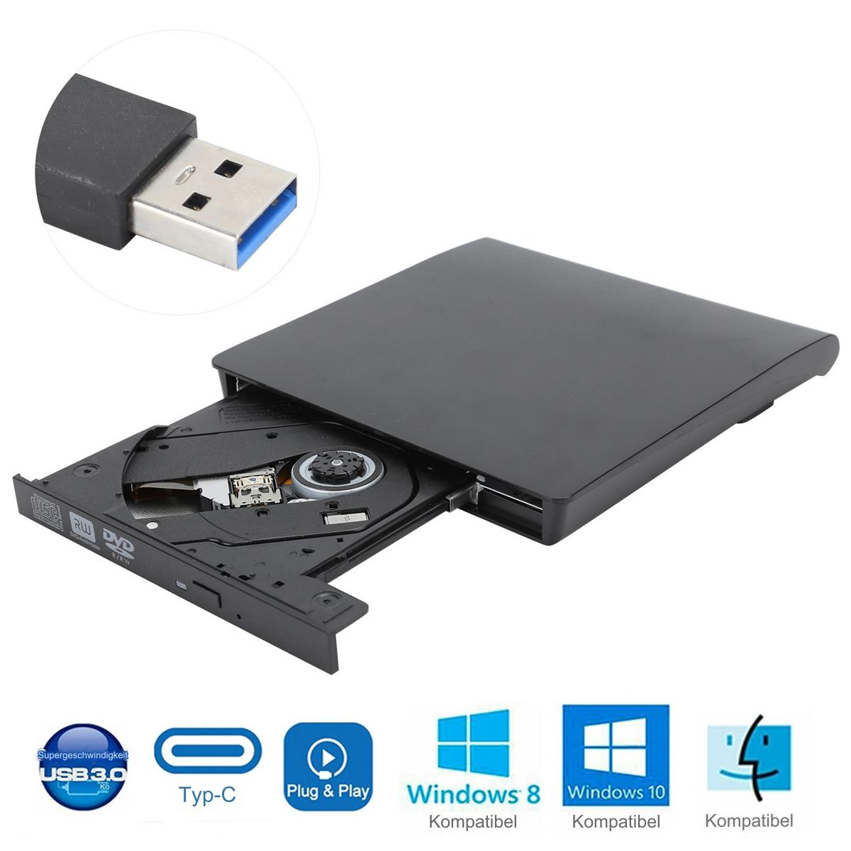 Schwarzes externes DVD-Laufwerk mit USB-Anschluss. Es ist mit Windows 8 und 10 kompatibel.