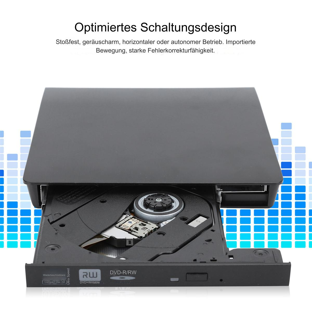 Schwarzes DVD-RW-Laufwerk mit offenem Fach. Das Laufwerk befindet sich auf einem blau-weißen Hintergrund.