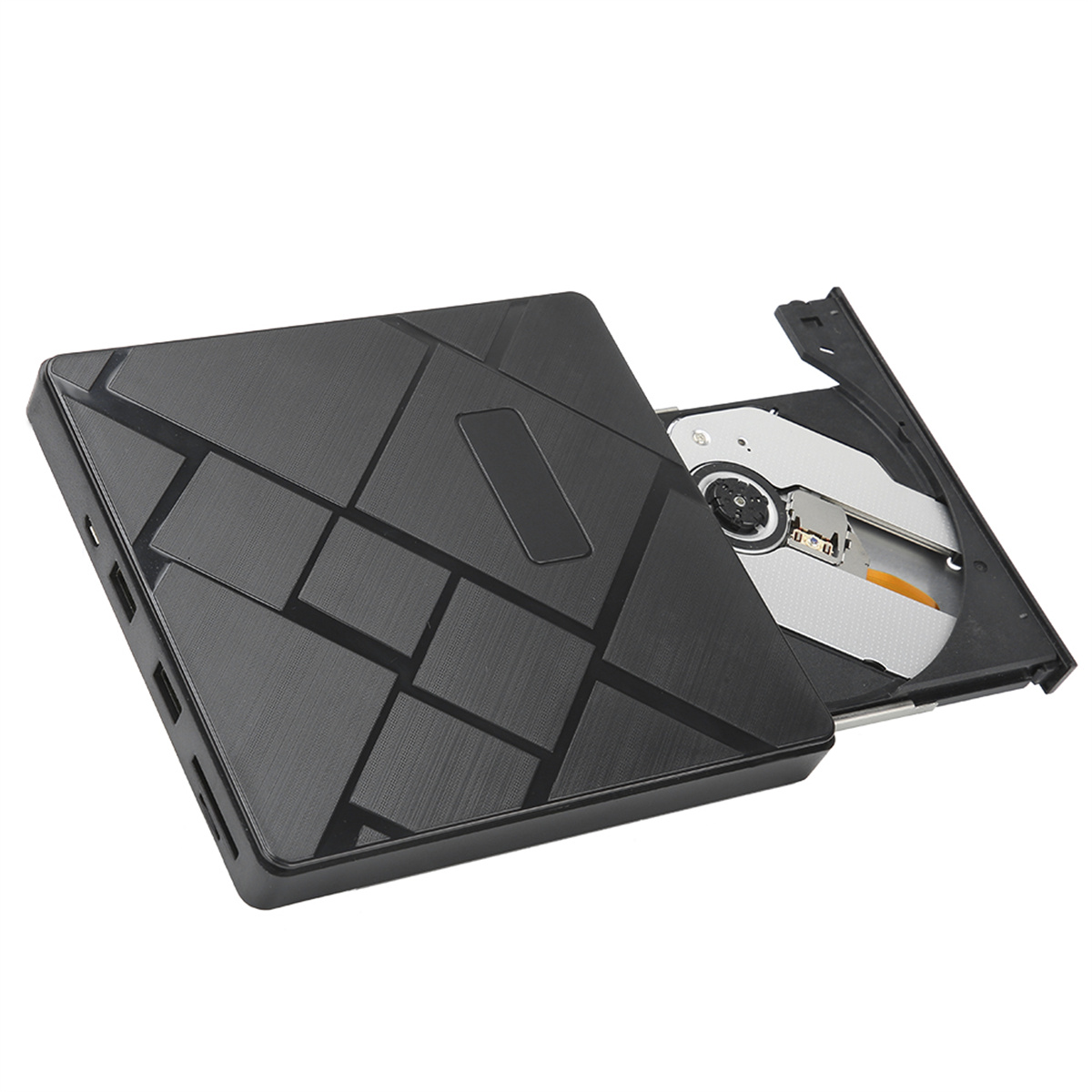 Schwarzer DVD-Player mit offenem Fach. Die Oberseite hat ein strukturiertes Design, das offene Fach zeigt eine Disc.