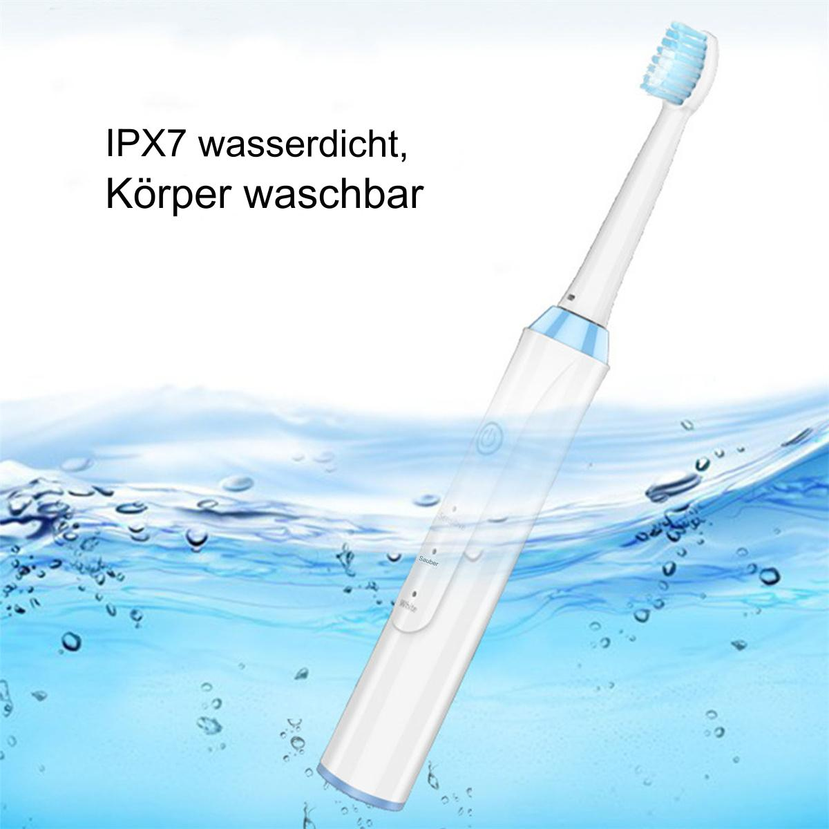 Weiße elektrische Zahnbürste mit blauen Akzenten. Text: IPX7 wasserdicht, Körper waschbar. Wassertropfen.
