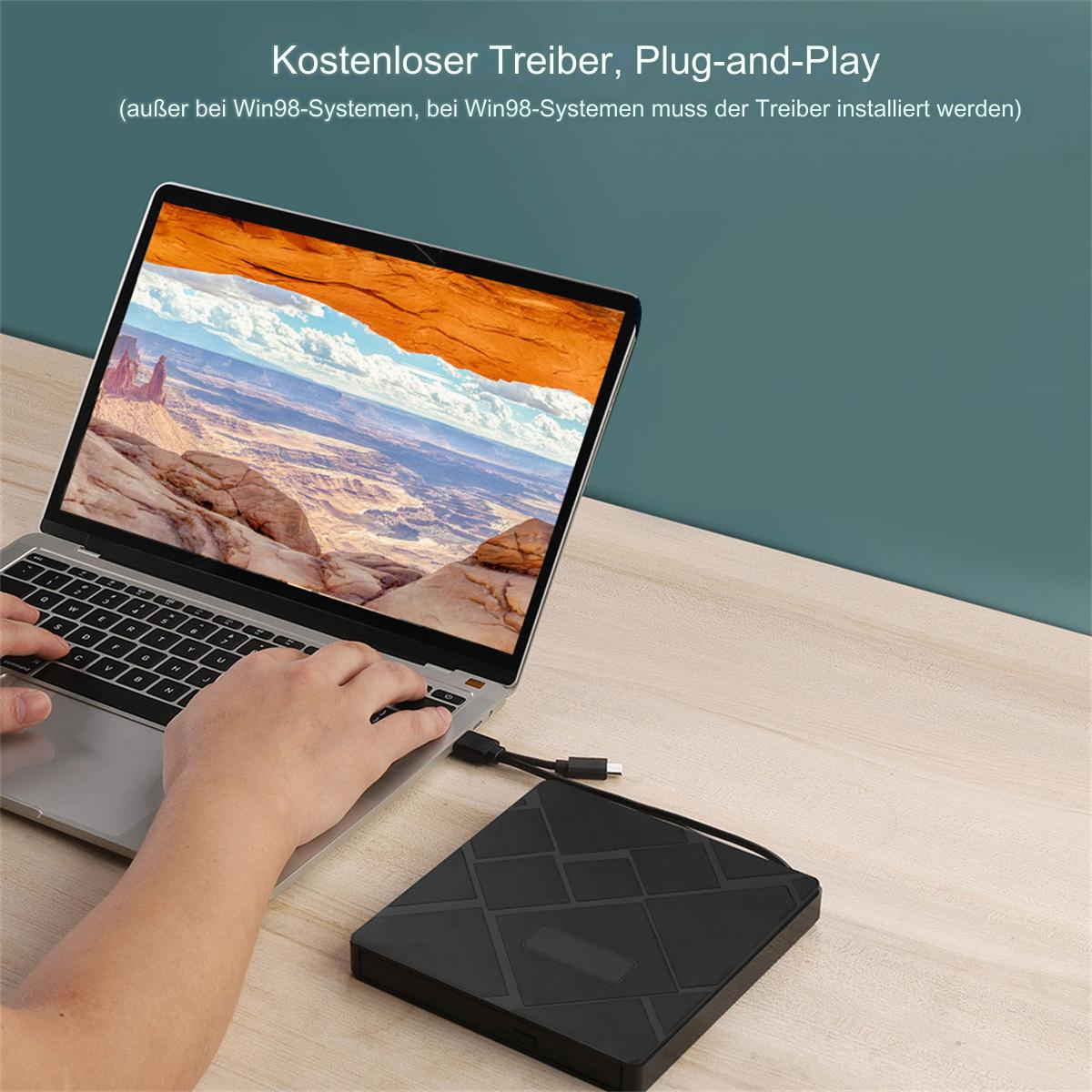 Ein Laptop mit einer Hand, die eine Maus benutzt, und eine schwarze externe Festplatte auf einem Tisch.