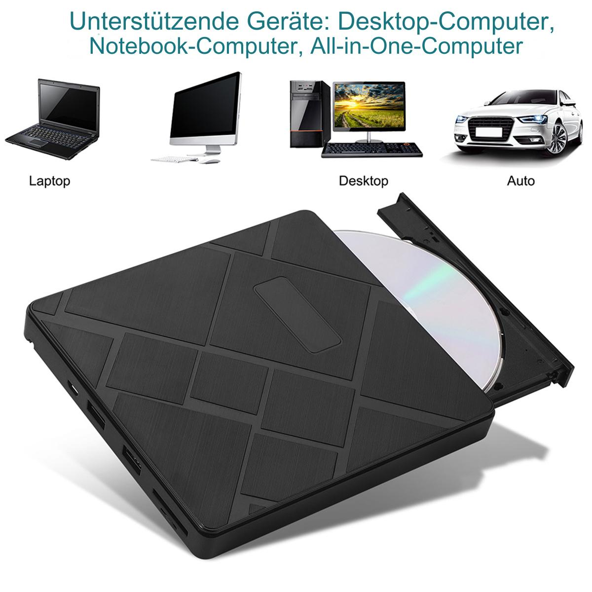 Ein schwarzes externes DVD-Laufwerk mit offenem Fach, mit einer CD darin. Ein Laptop und ein Desktop-Computer werden gezeigt.