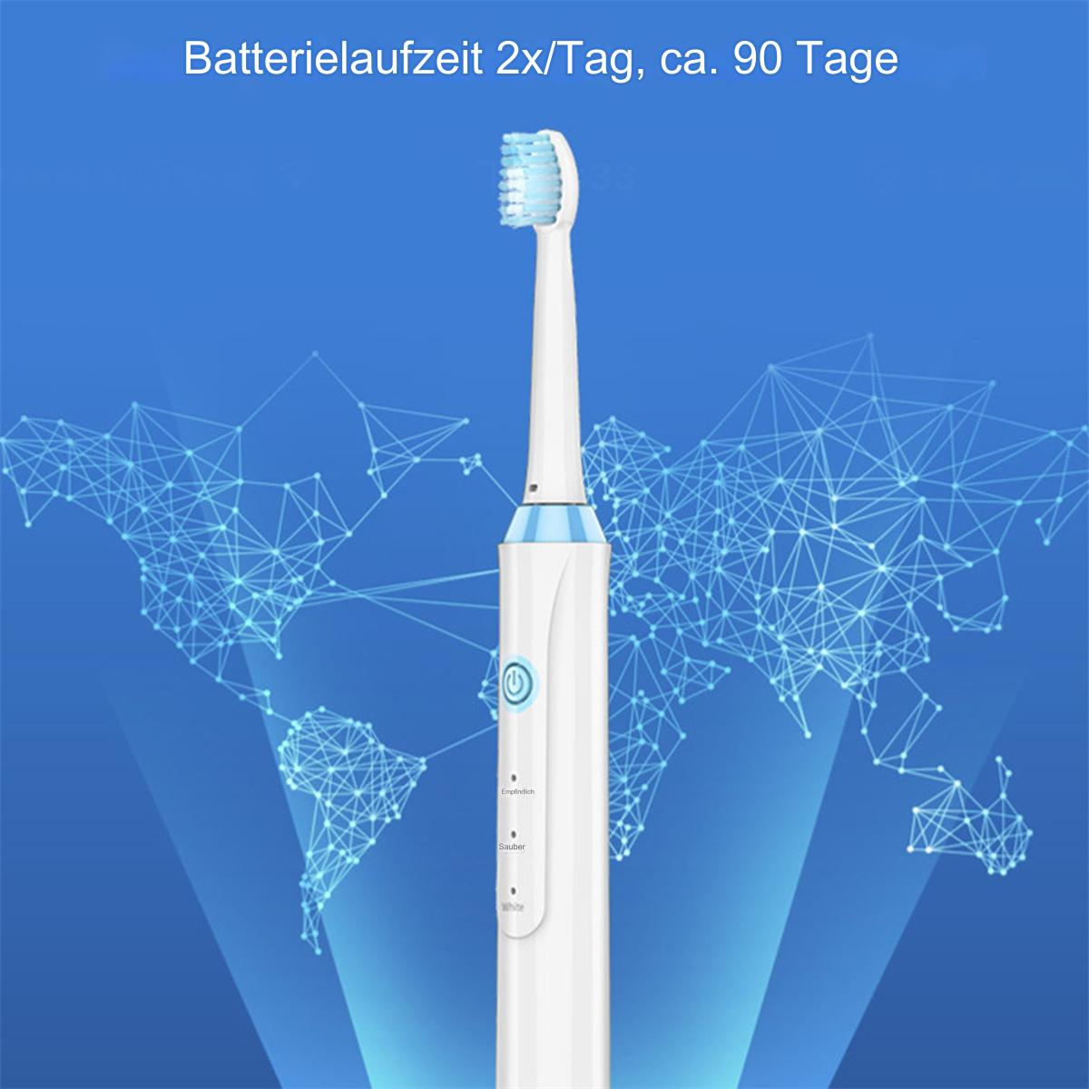 Elektrische Zahnbürste mit blauen Akzenten. Blauer Hintergrund mit Weltkarten-Grafik.