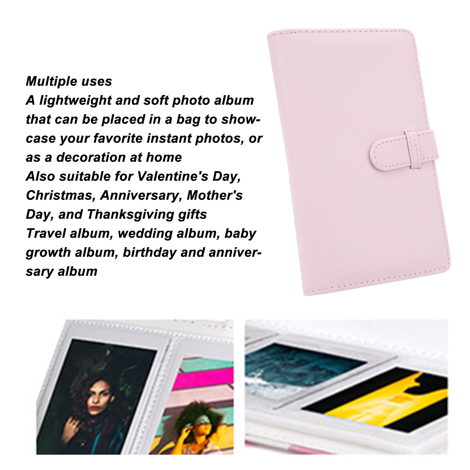 Rosa Fotoalbum mit Text und Bildern von Fotos im Album.