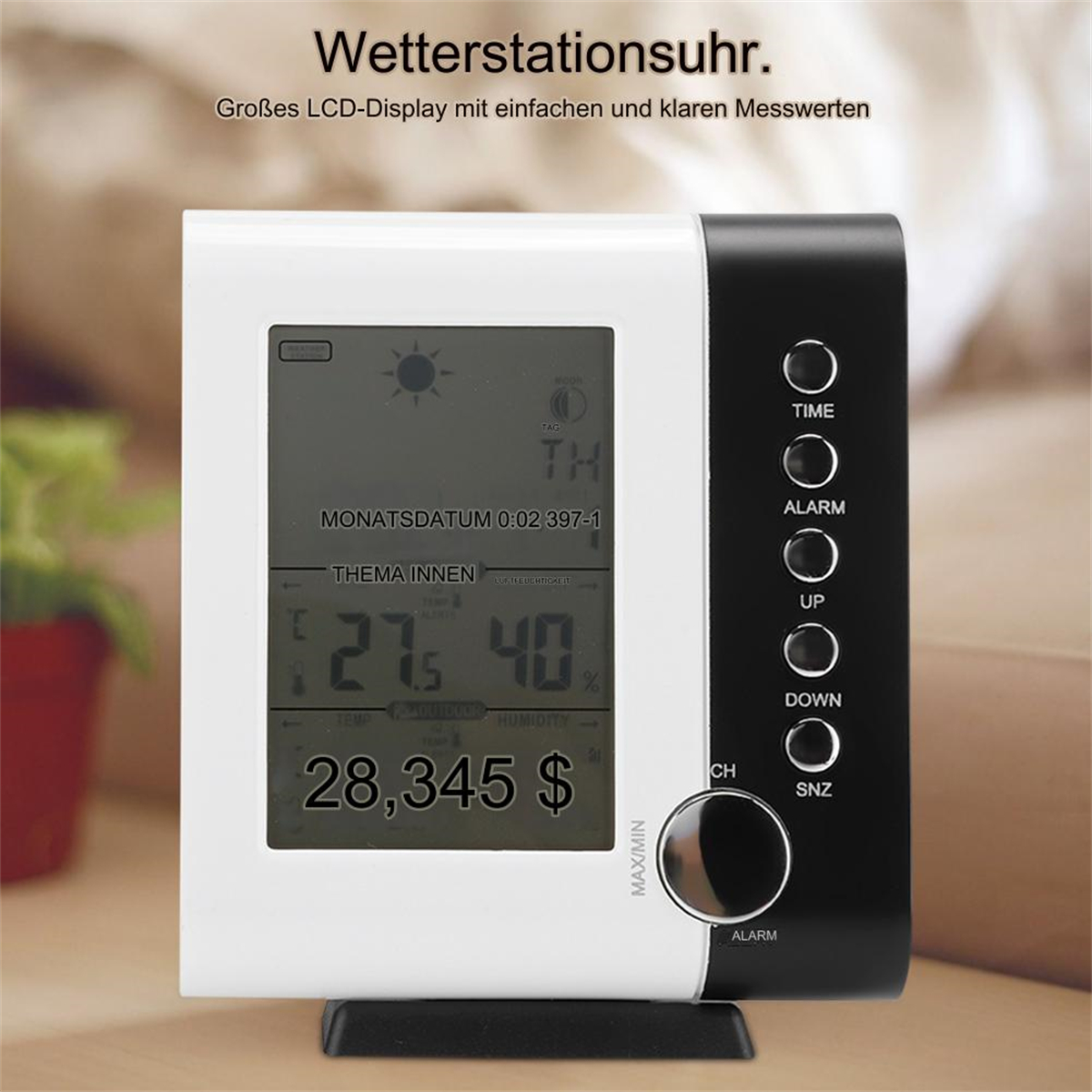Eine weiße und schwarze Wetterstationsuhr mit Anzeige von Zeit, Temperatur, Luftfeuchtigkeit und Knöpfen.