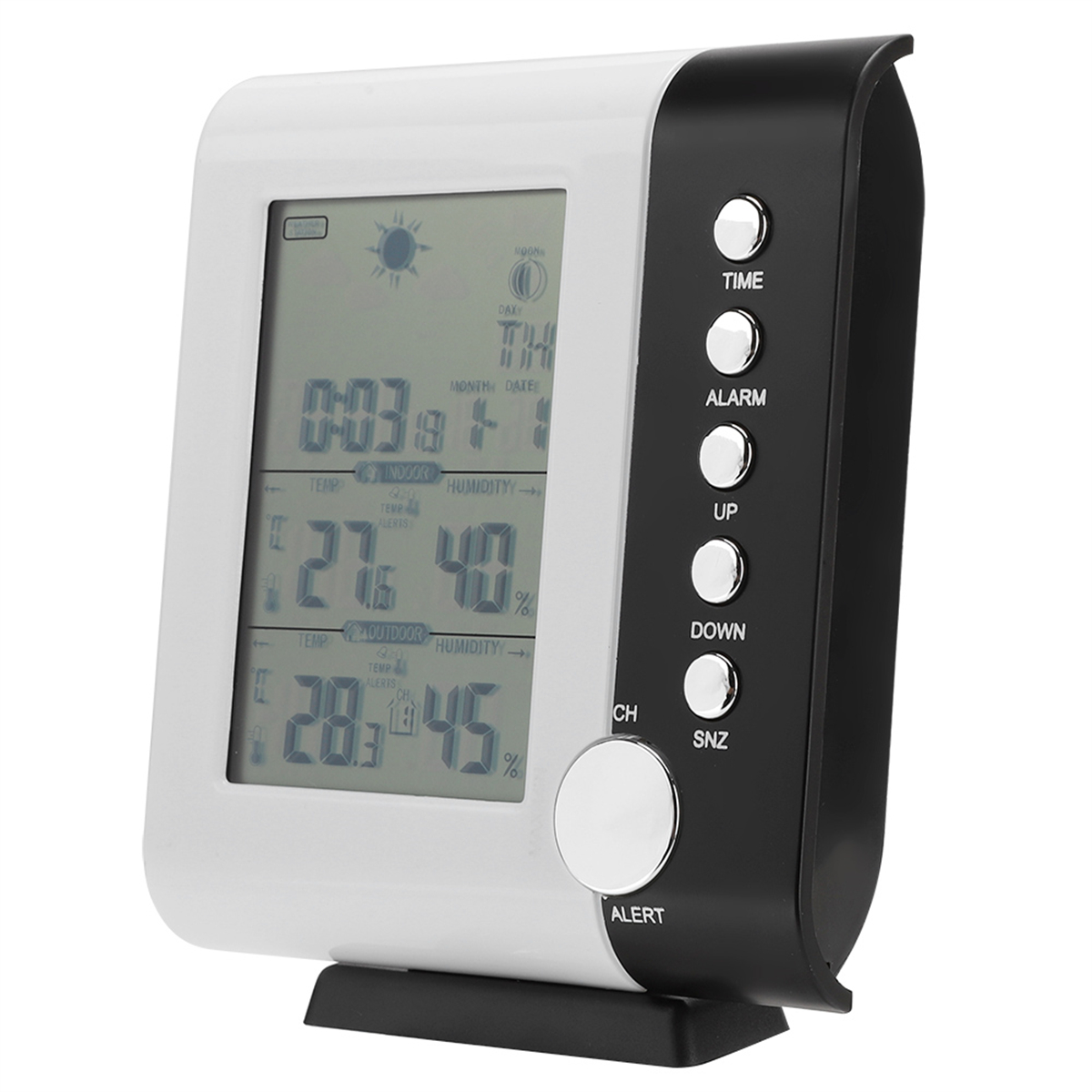 Weiße und schwarze digitale Wetterstation mit Knöpfen und Display.