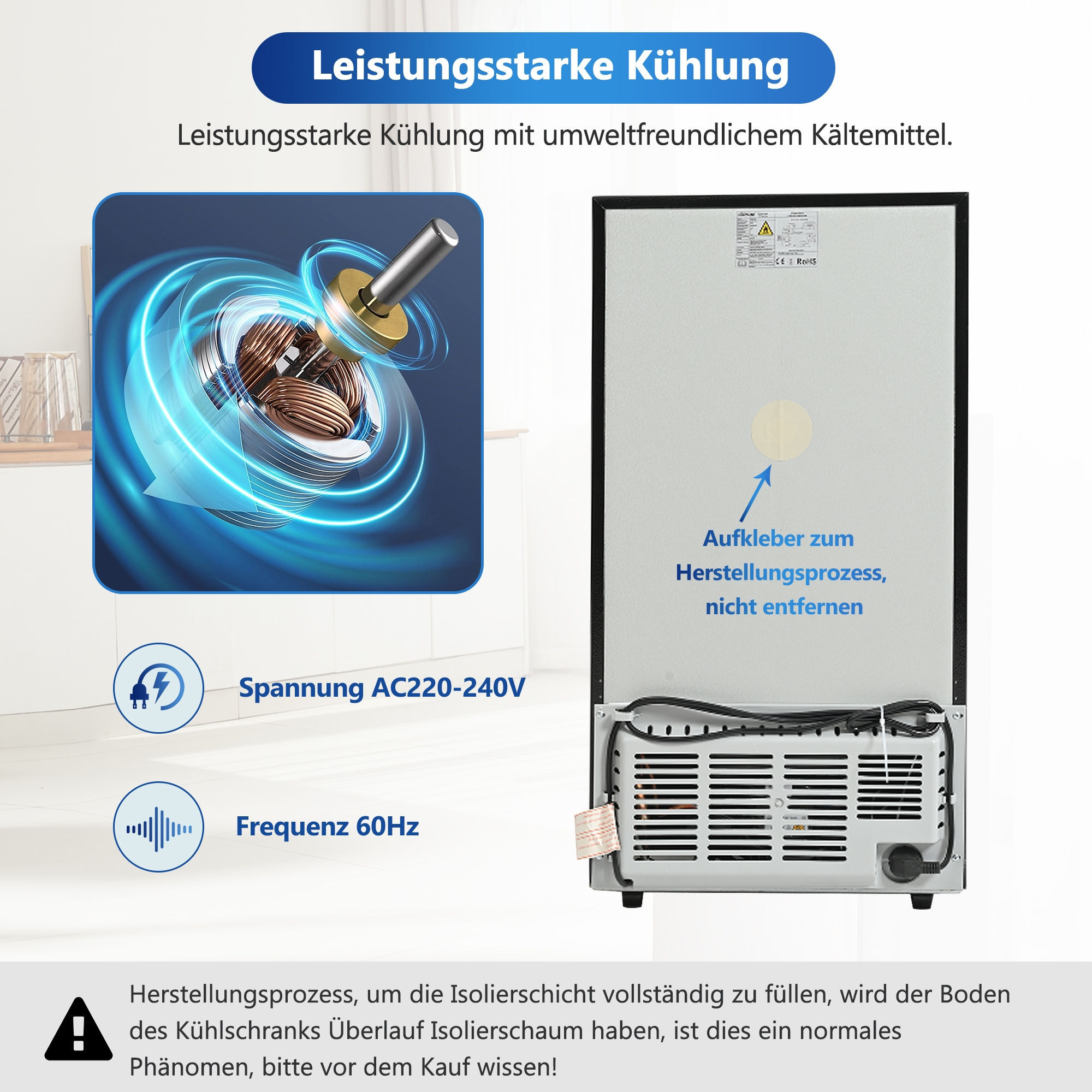 Die Rückseite eines Kühlschranks mit Text zur Kühlung. Es zeigt den Motor und einen Aufkleber.