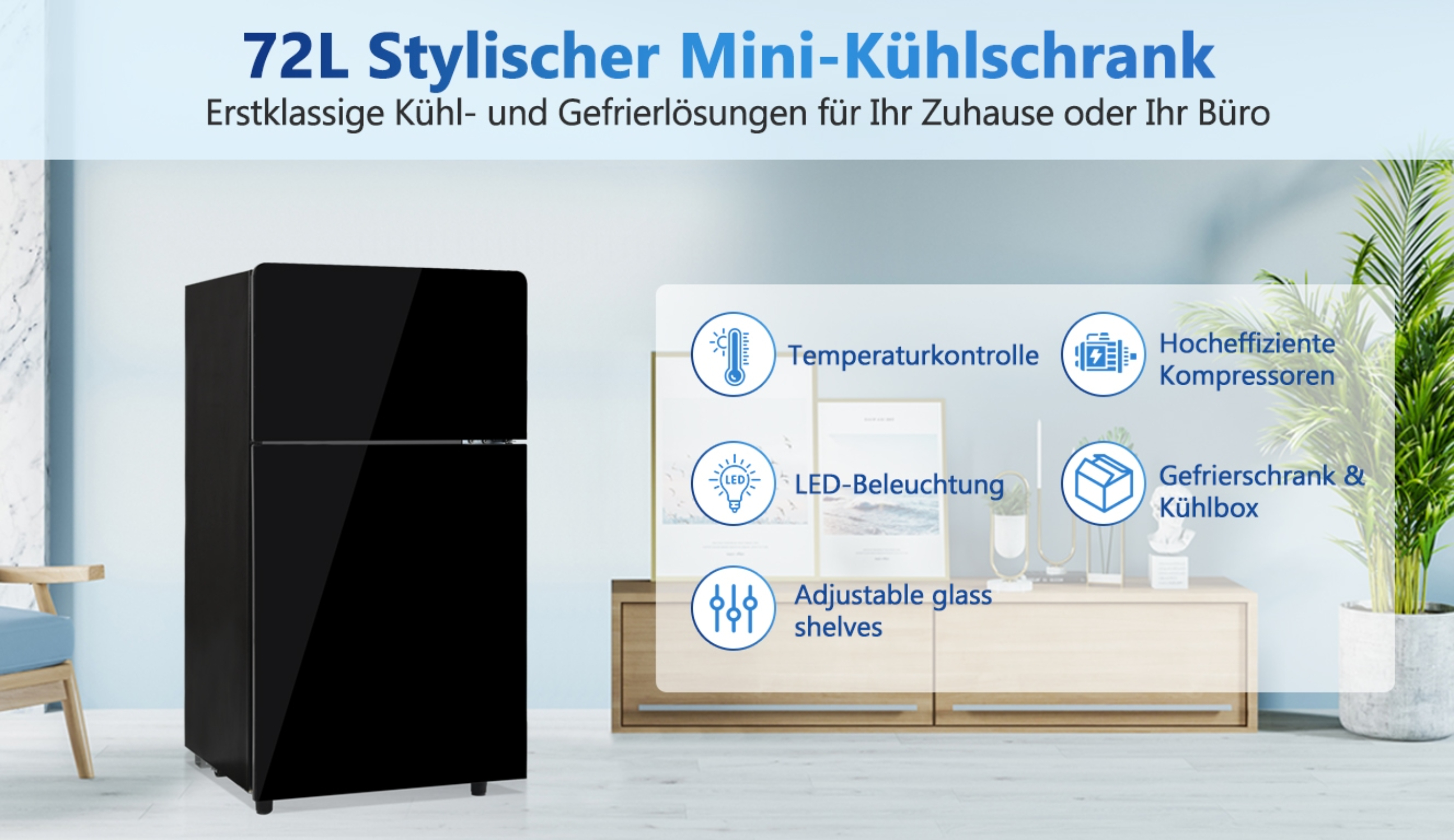 Schwarzer Kühlschrank mit Glastür. Text: 72L Mini-Kühlschrank. Merkmale: Temperaturregelung, LED, Regale.