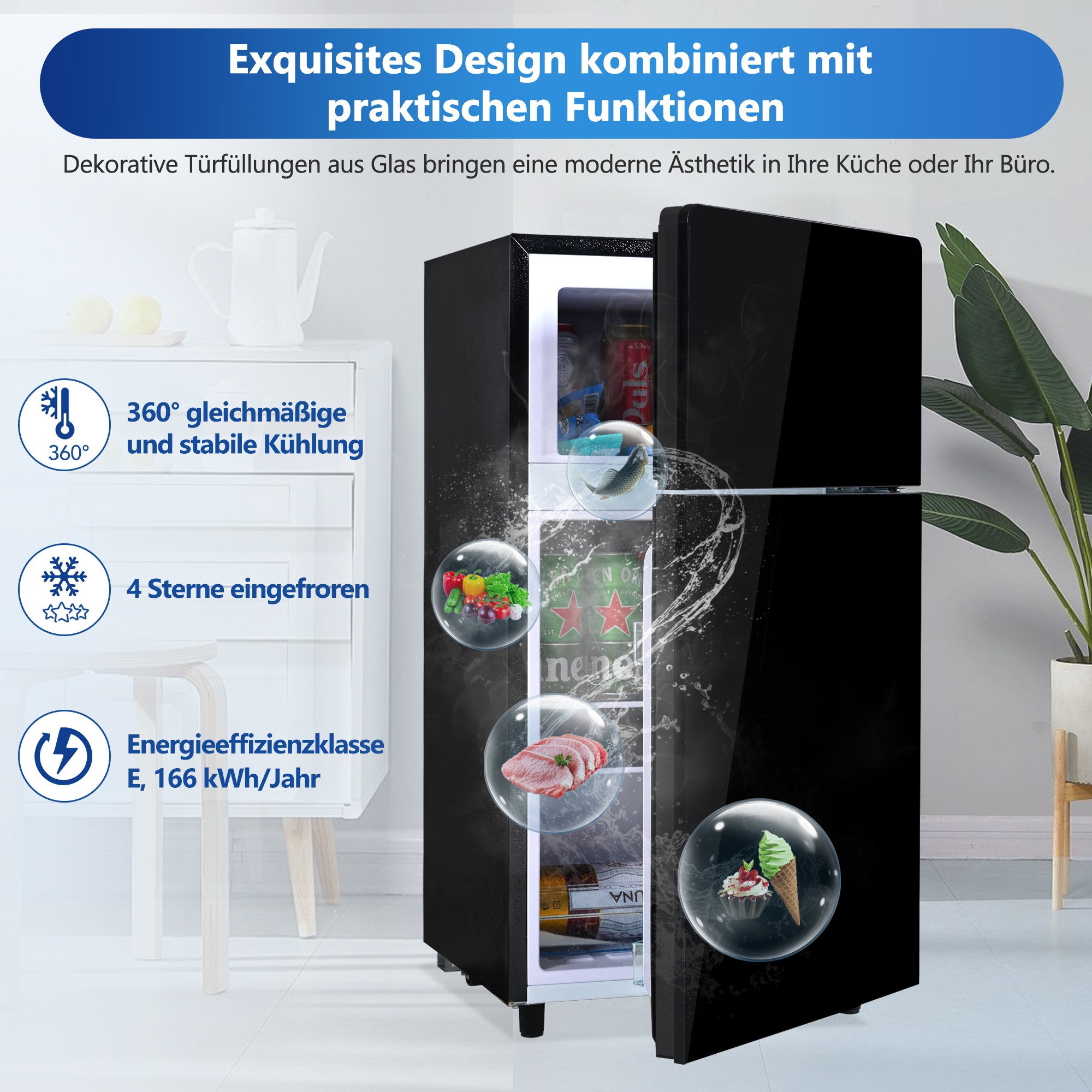 Ein schwarzer Kühlschrank mit Glastüren, der Lebensmittel und Getränke zeigt, mit Textblasen.