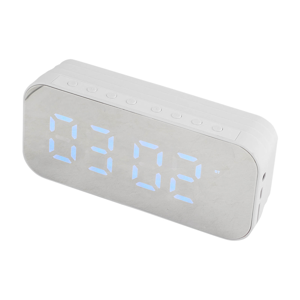 Weißer rechteckiger Digitalwecker mit der Anzeige 03:02 und Tasten oben. Die Zeit wird blau angezeigt.