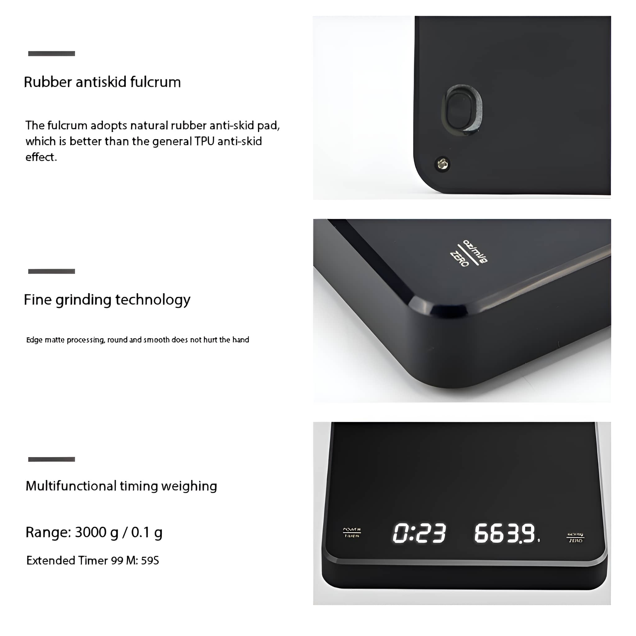 Eine schwarze digitale Küchenwaage. Details der Waagenmerkmale und eine Nahaufnahme des Displays.