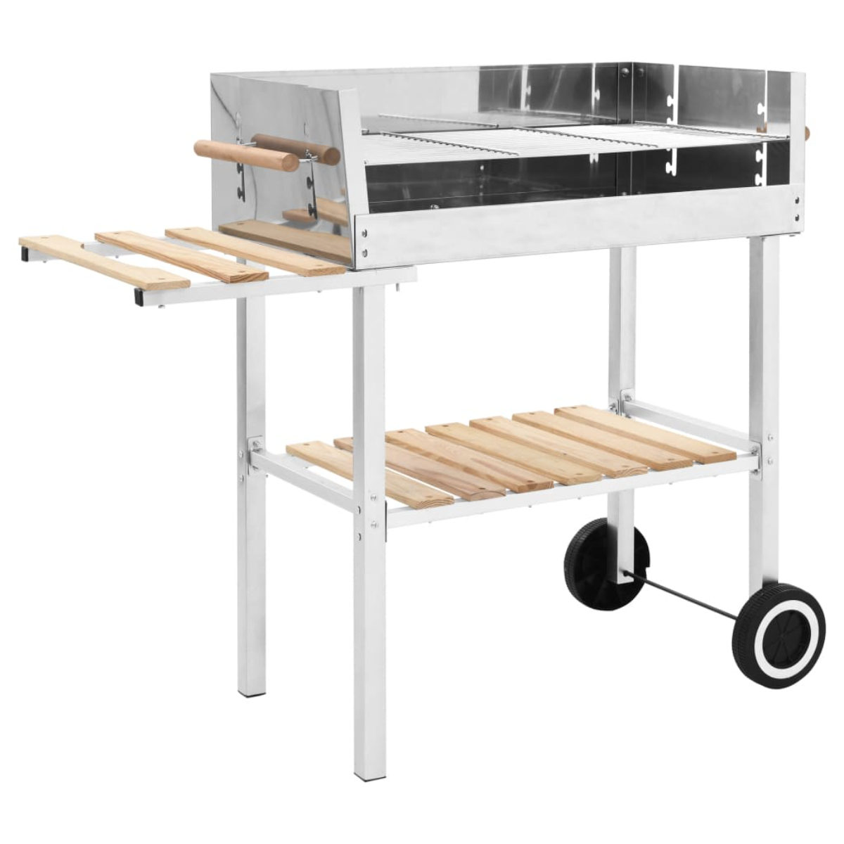 Grill aus Edelstahl. Holzregale, Räder, Griffe, weißer Hintergrund.