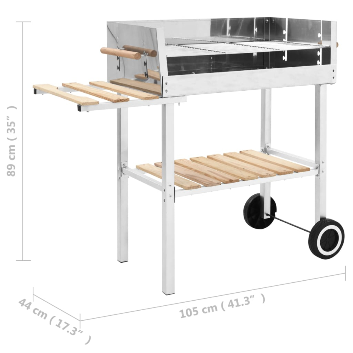 Außengrill mit Holzregalen und Rädern, Abmessungen beschriftet.