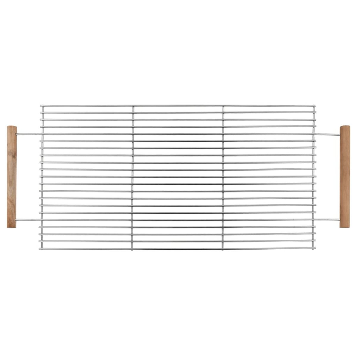 Metallgrill mit Holzgriffen. Rechteckige Form mit parallelen Grilllinien.