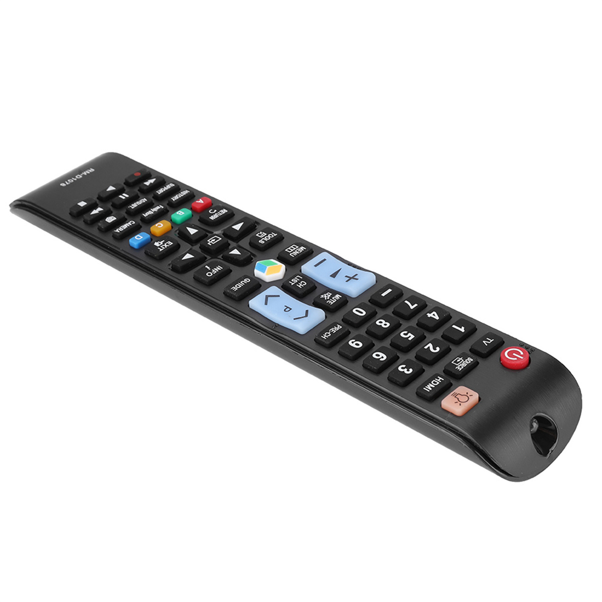 Schwarze TV-Fernbedienung mit zahlreichen Tasten, einschließlich Zahlen, Richtungstasten und Ein/Aus-Taste.