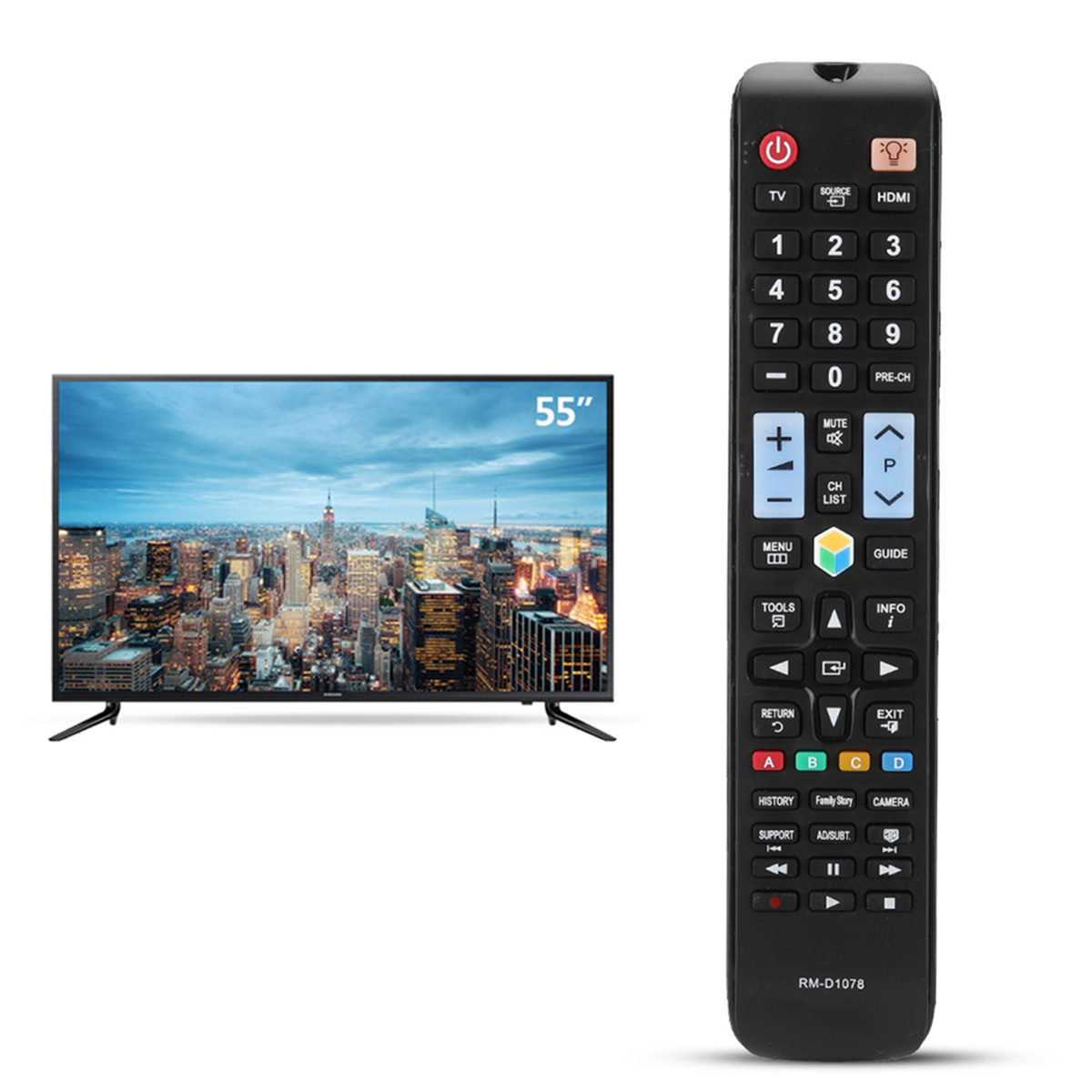 Ein 55-Zoll-Fernseher mit einer Stadtlandschaft auf dem Bildschirm und einer schwarzen Fernbedienung daneben.