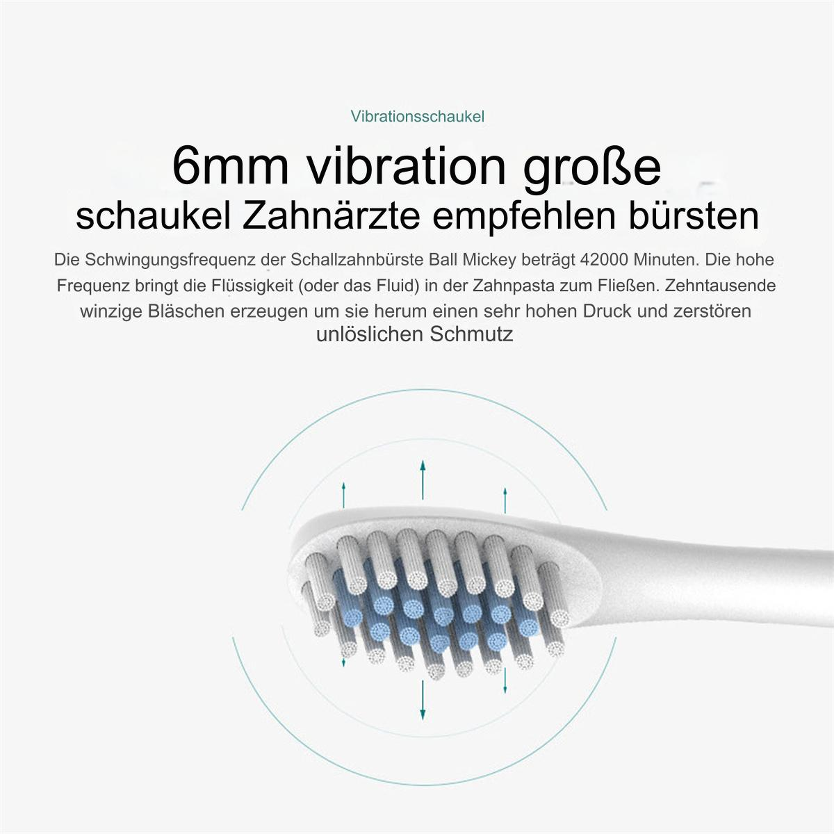 Nahaufnahme eines weißen Zahnbürstenkopfes mit blauen Borsten. Text sagt '6mm Vibration'.