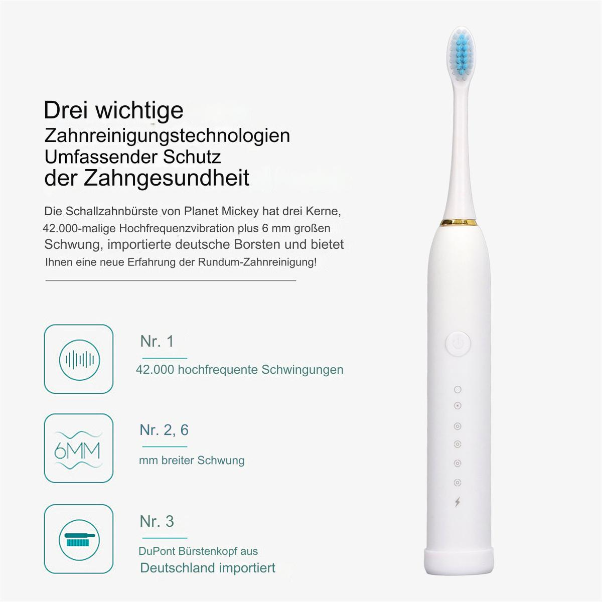 Elektrische Zahnbürste mit weißem Griff und blauen Borsten, mit Text über ihre Eigenschaften.