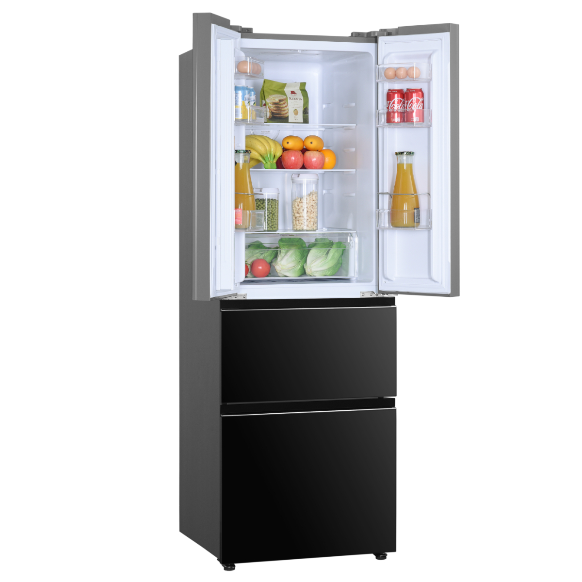 Czarna i szara lodówka z otwartymi drzwiami. Widoczne owoce, napoje i żywność. Białe tło.