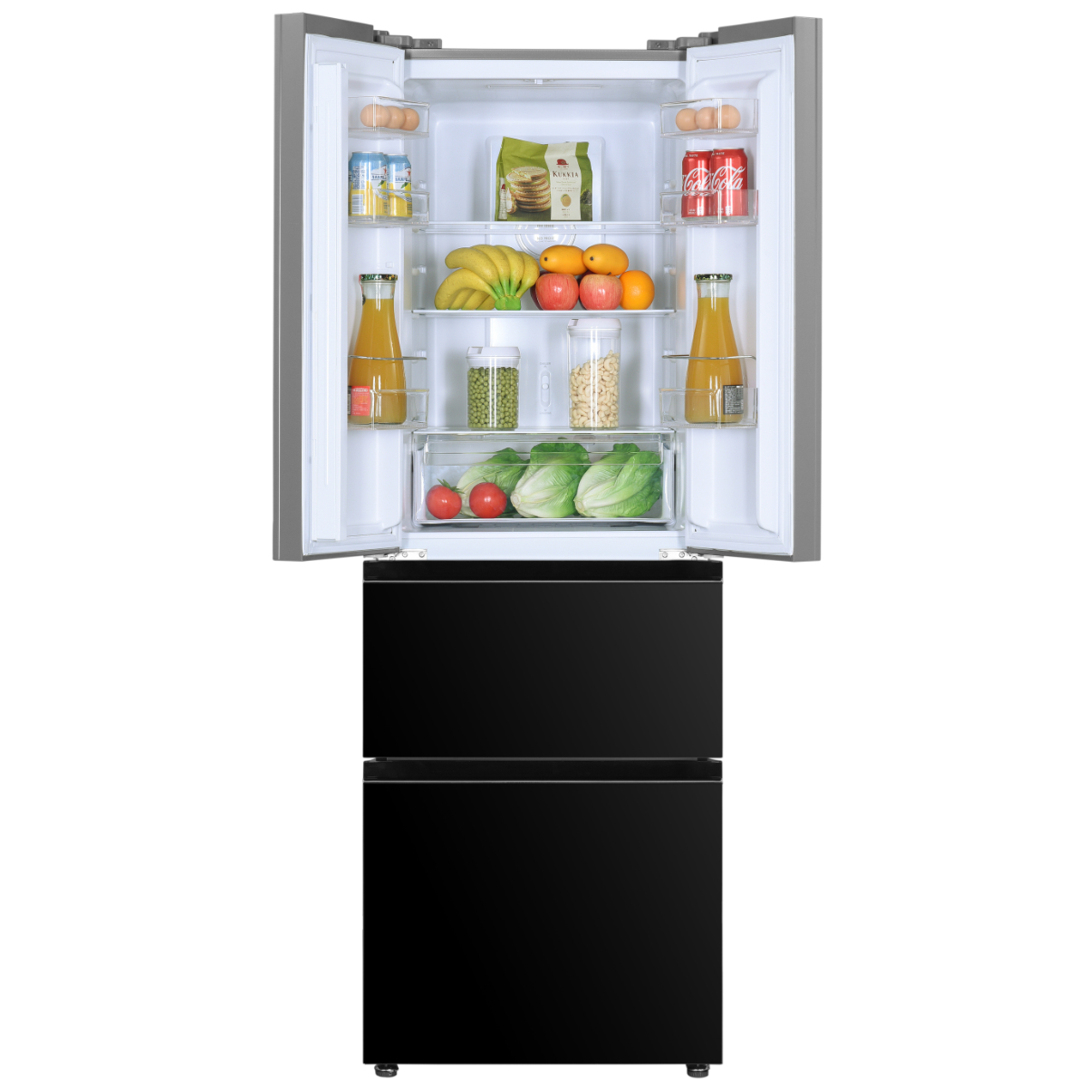 Czarna lodówka z otwartymi drzwiami. W środku różne produkty spożywcze na półkach, w tym owoce.