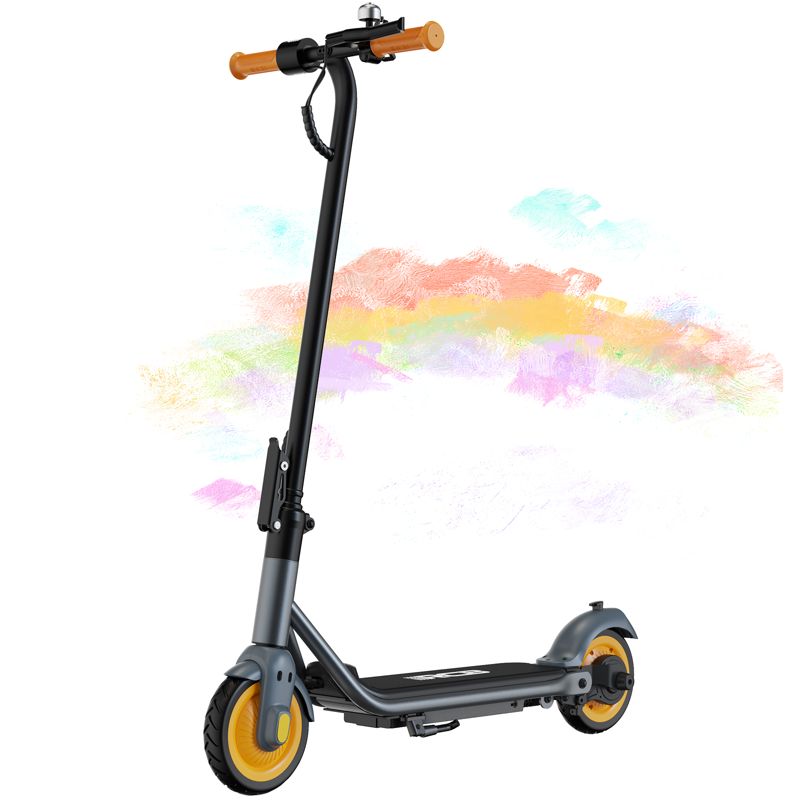 Un monopattino elettrico nero e grigio, con dettagli arancioni e sfondo colorato.