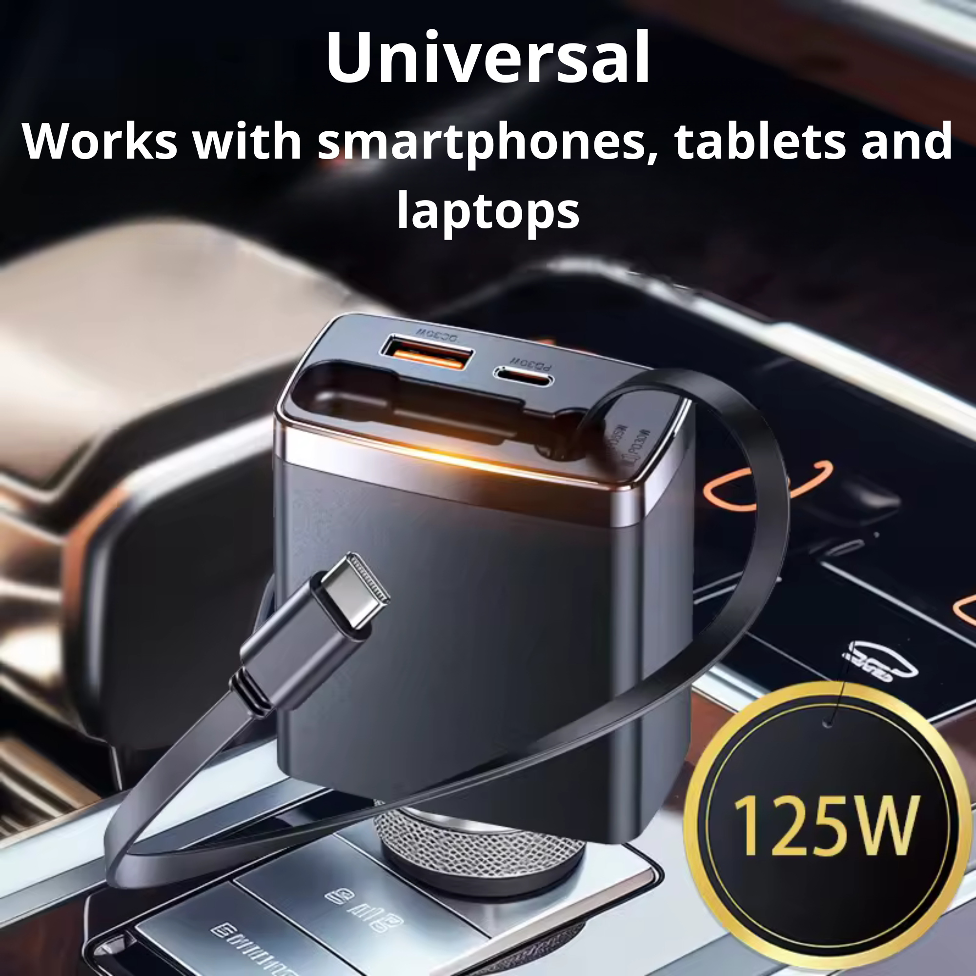 Une batterie externe noire et grise avec un câble connecté et une étiquette 125W.