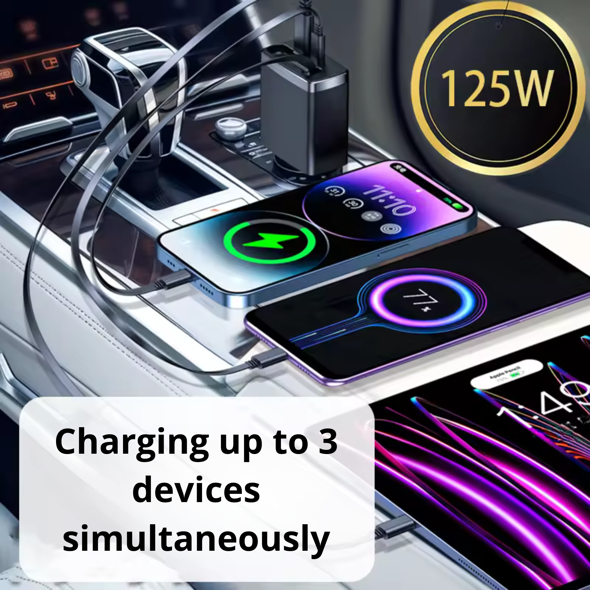 Chargement de plusieurs téléphones et tablettes. Chargeur et appareils sur une console. Marque 125W.