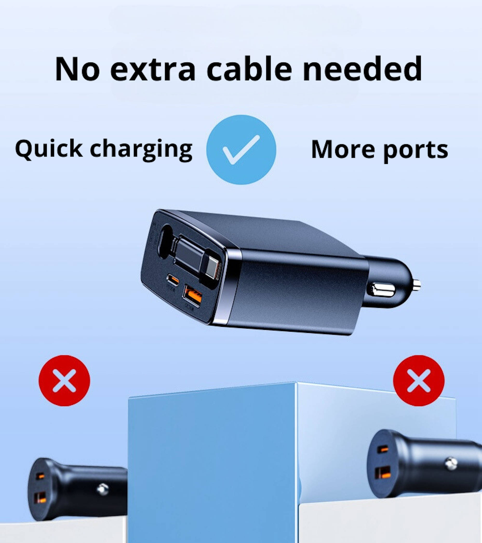 Un chargeur de voiture noir et bleu. L'image montre une charge rapide et plus de ports disponibles.