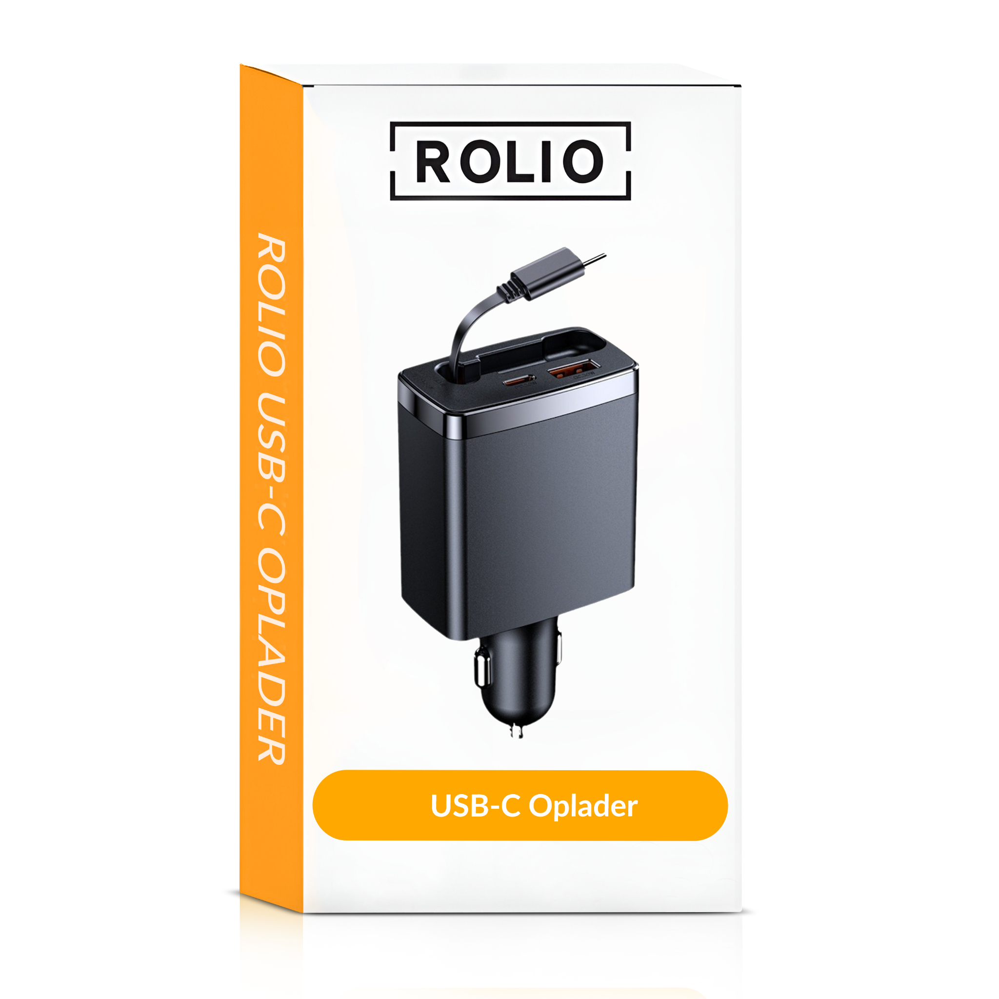 Un chargeur USB-C noir dans une boîte blanche. La boîte porte le mot ROLIO et USB-C OPLADER.