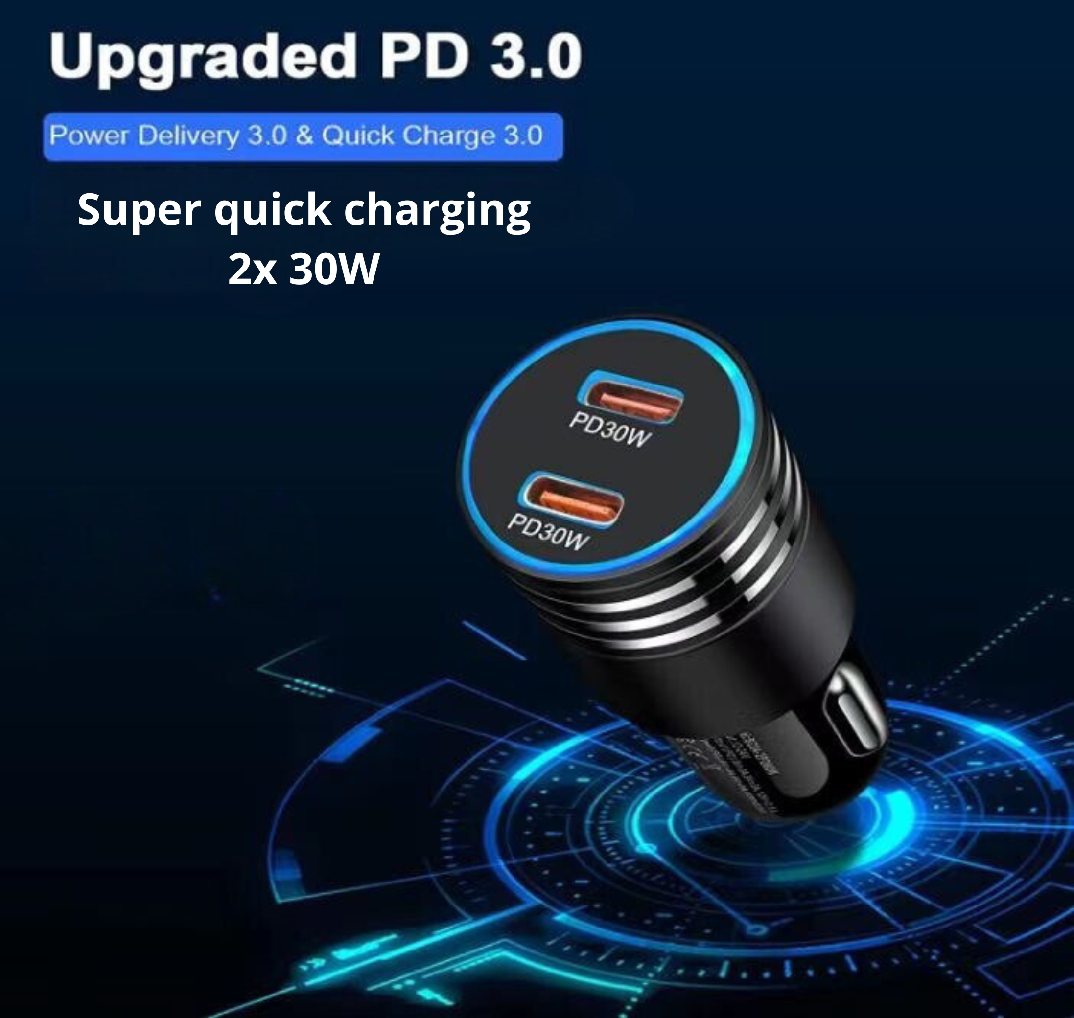 Een zwarte autolader met twee USB-poorten, met het label PD30W, en een blauw lichtontwerp.