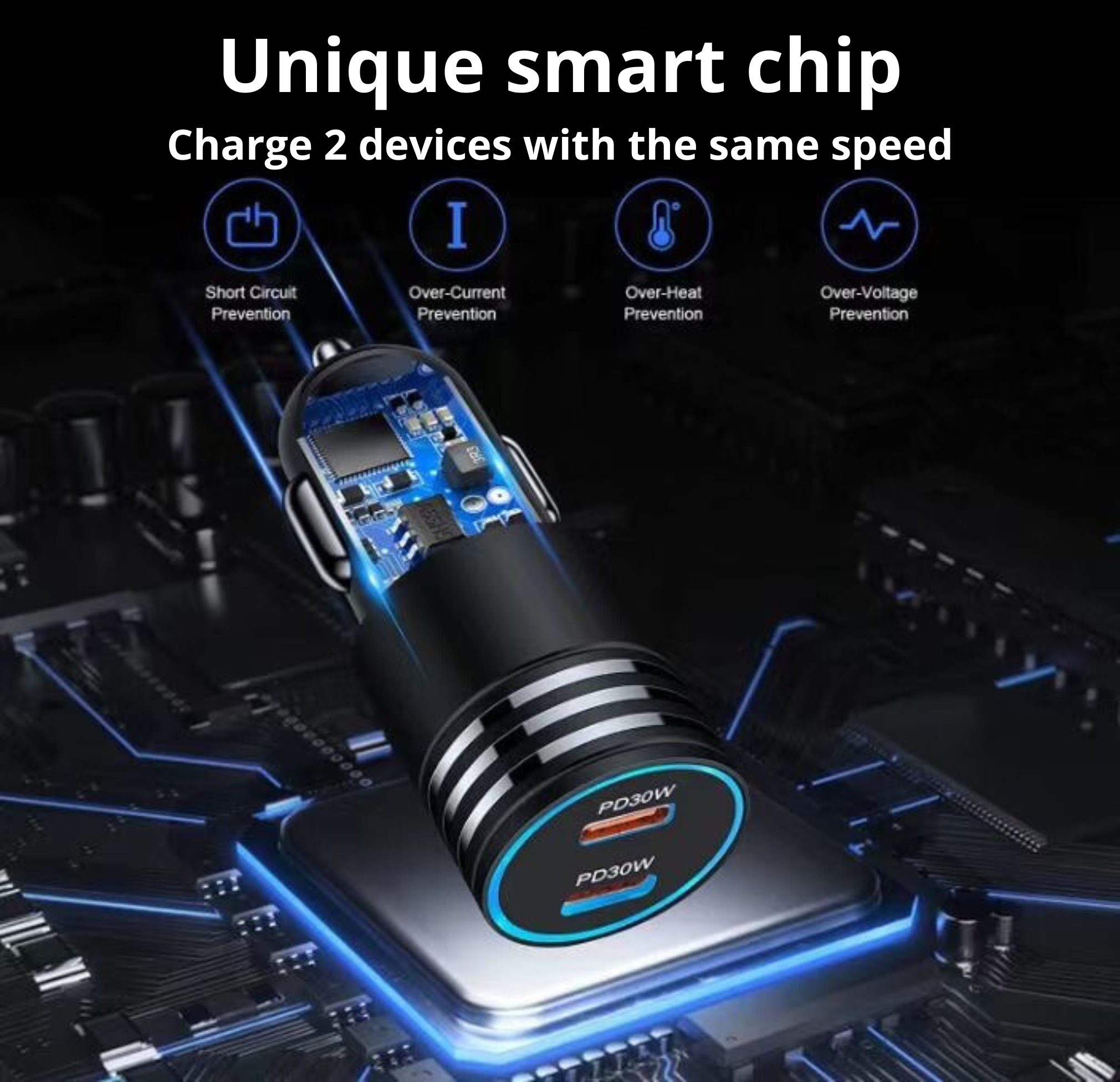 Een zwarte autolader met dubbele USB-poorten. Het heeft een blauw licht en vier pictogrammen.