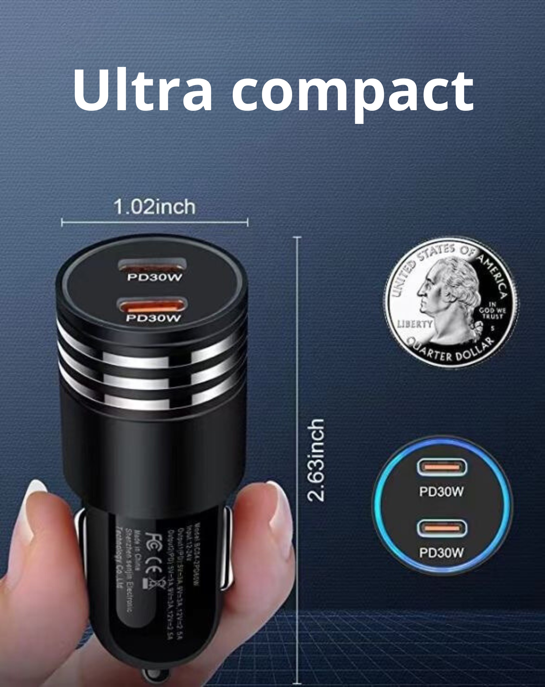 Zwarte autolader met twee USB-poorten. Een kwart dollar naast de lader.