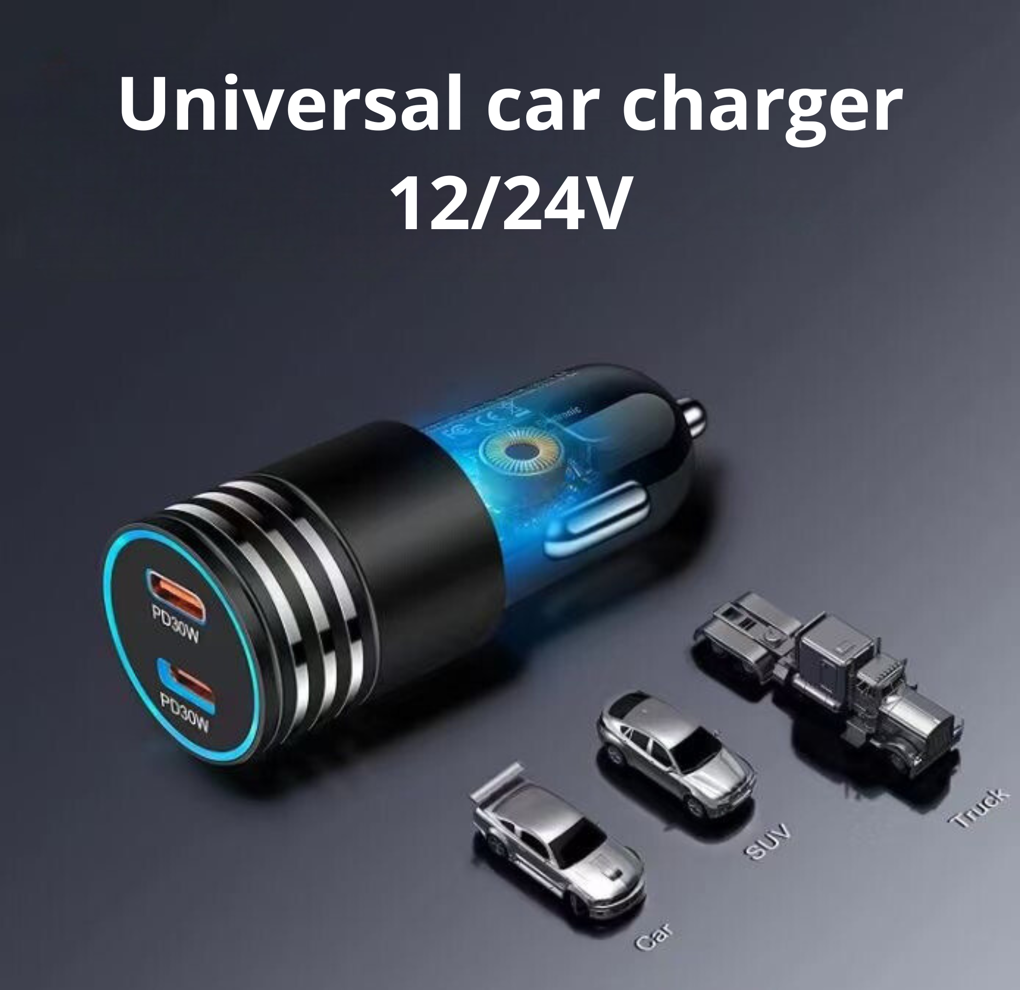 Zwarte en zilveren autolader met USB-poorten en blauw licht, met speelgoedautomodellen.