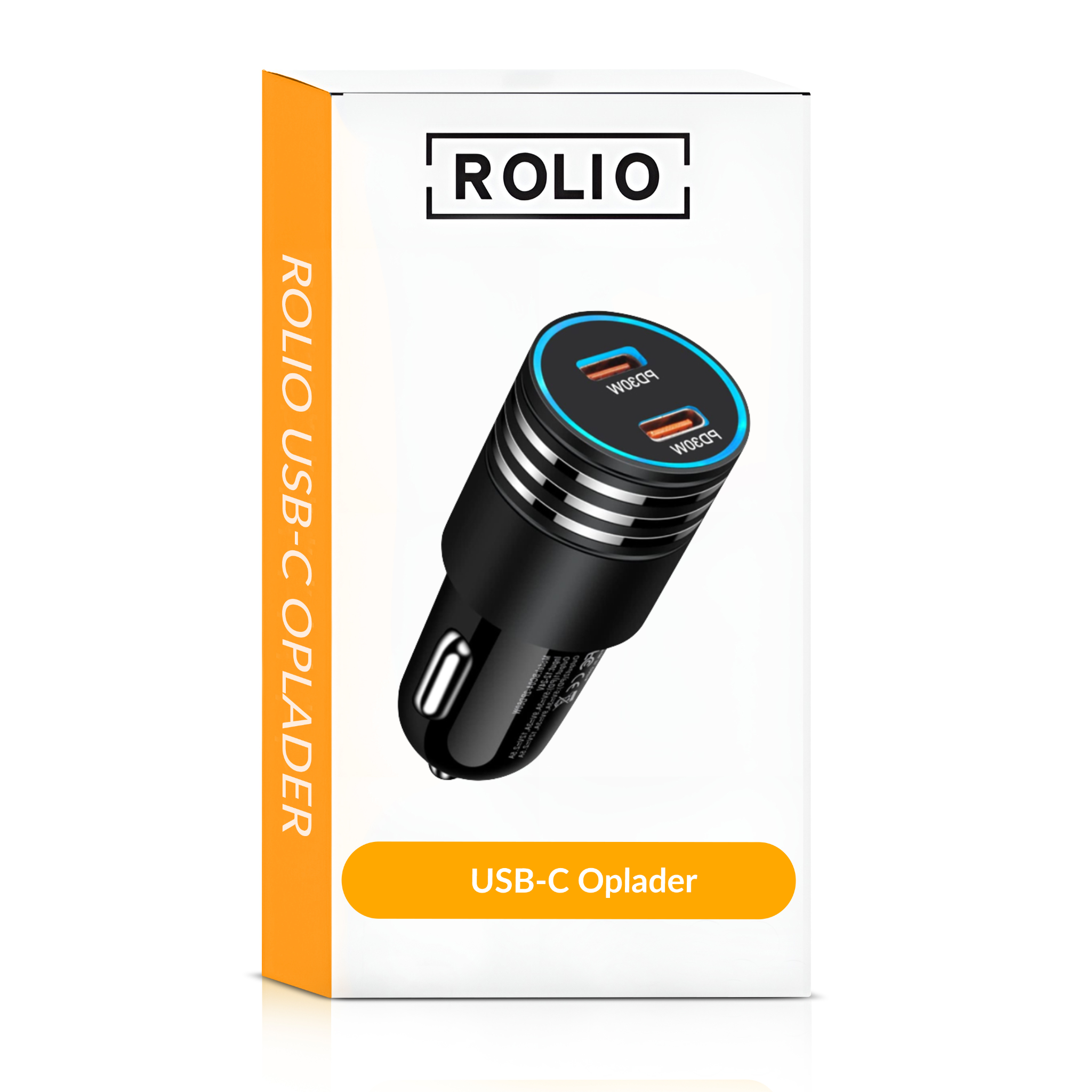 Zwarte USB-C autolader in een witte doos met blauwe en oranje lichten. Productpresentatie.