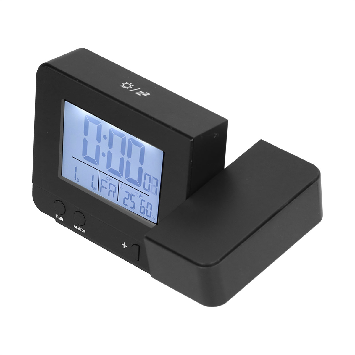 Eine schwarze Digitaluhr mit einem Bildschirm, der Datum und Uhrzeit anzeigt. Sie hat Knöpfe und einen Ständer.