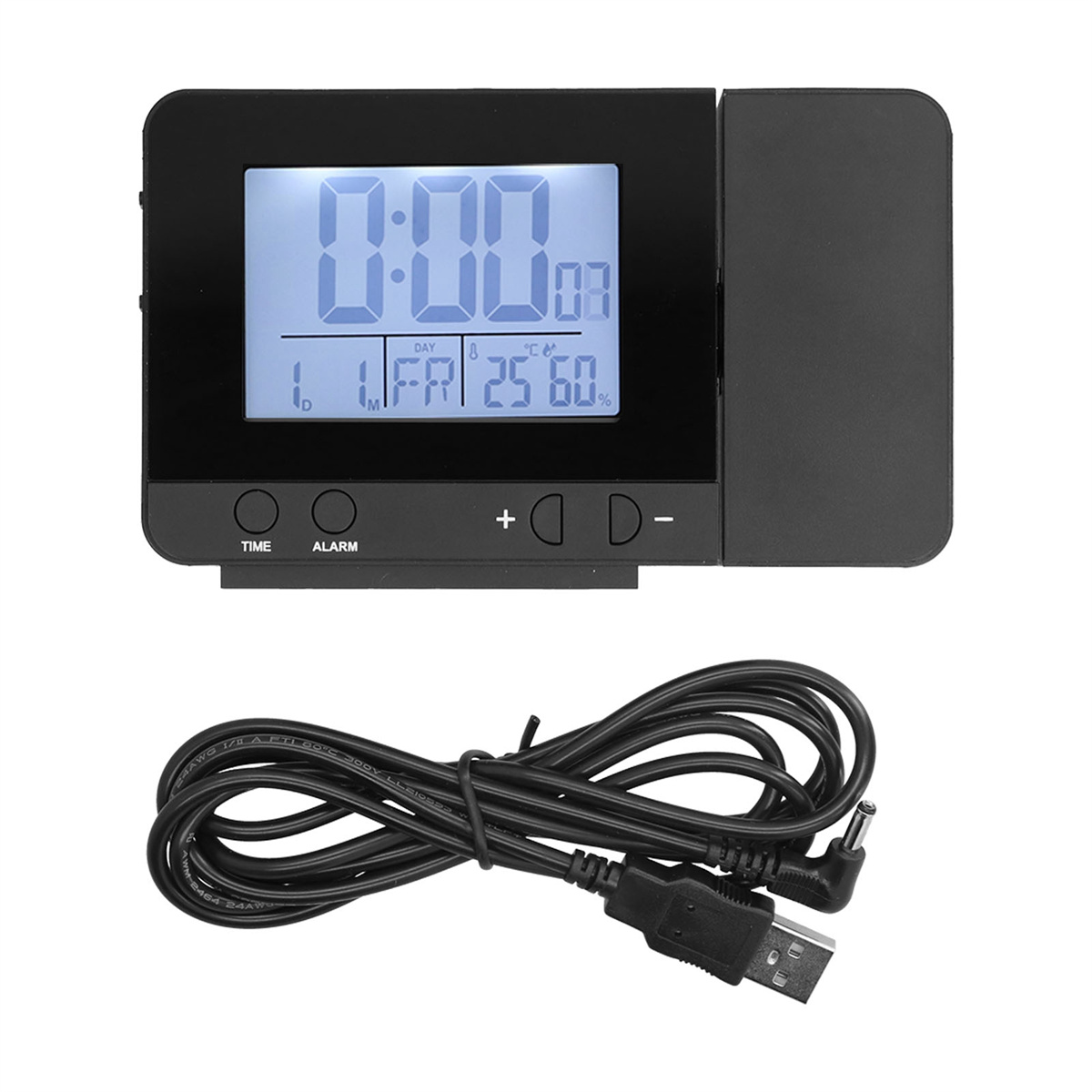 Schwarze Digitaluhr mit blauem Display. Zeigt Zeit, Datum und Wettersymbole mit USB-Kabel.