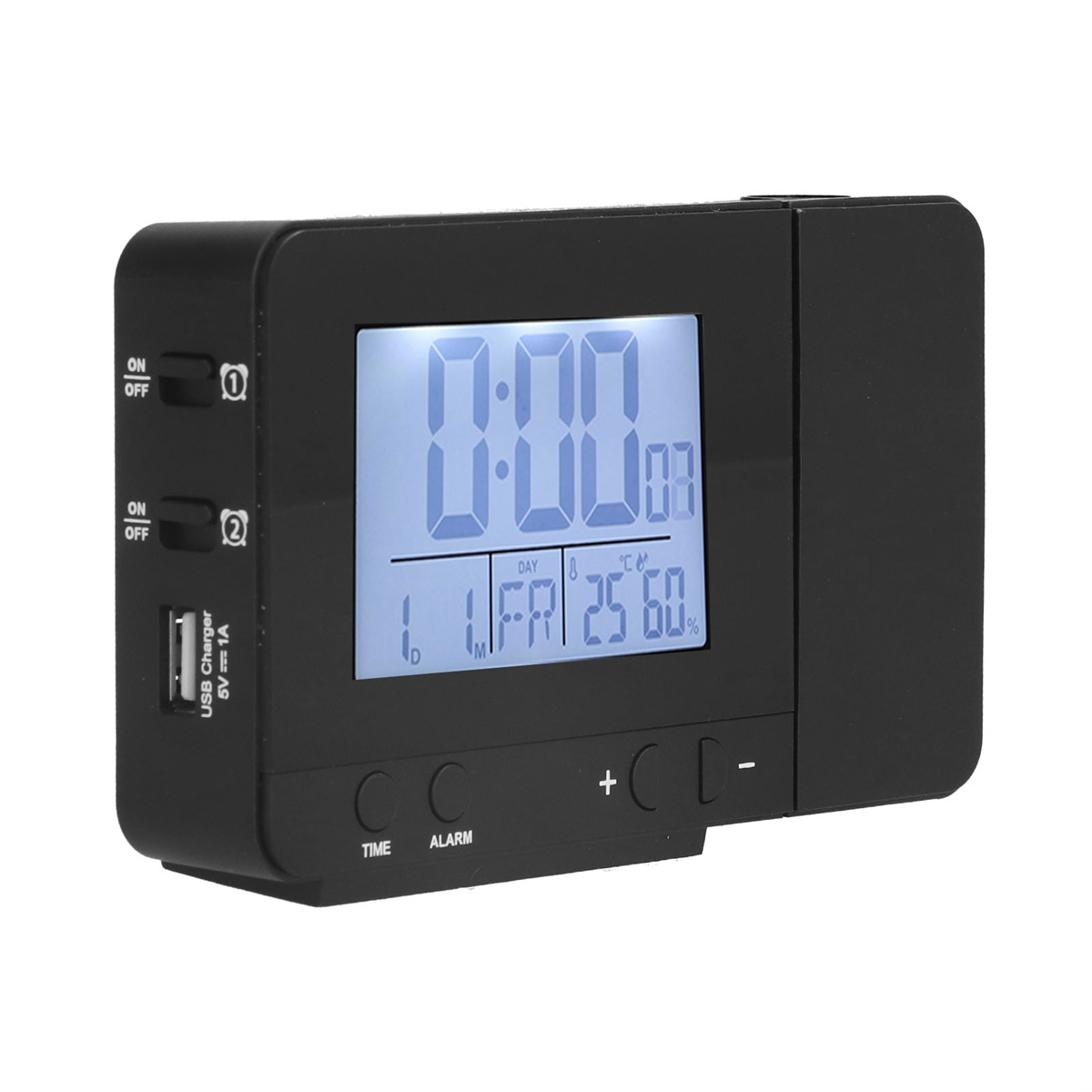 Schwarze Digitaluhr. Zeigt Zeit, Tag, Datum und Temperatur an. USB-Ladeanschluss.