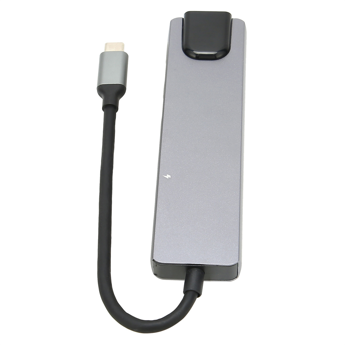 Grauer und schwarzer USB-C-Hub mit schwarzem Kabel und silbernem Stecker. Weißer Hintergrund.