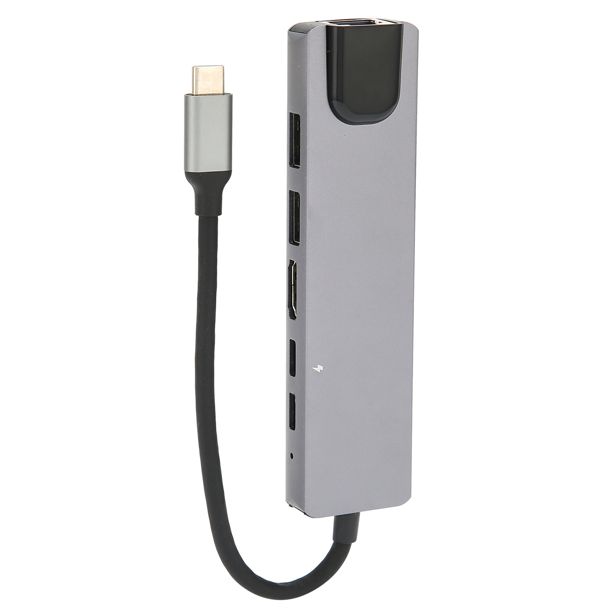 Silberner Multiport-Adapter mit USB, HDMI und anderen Anschlüssen.