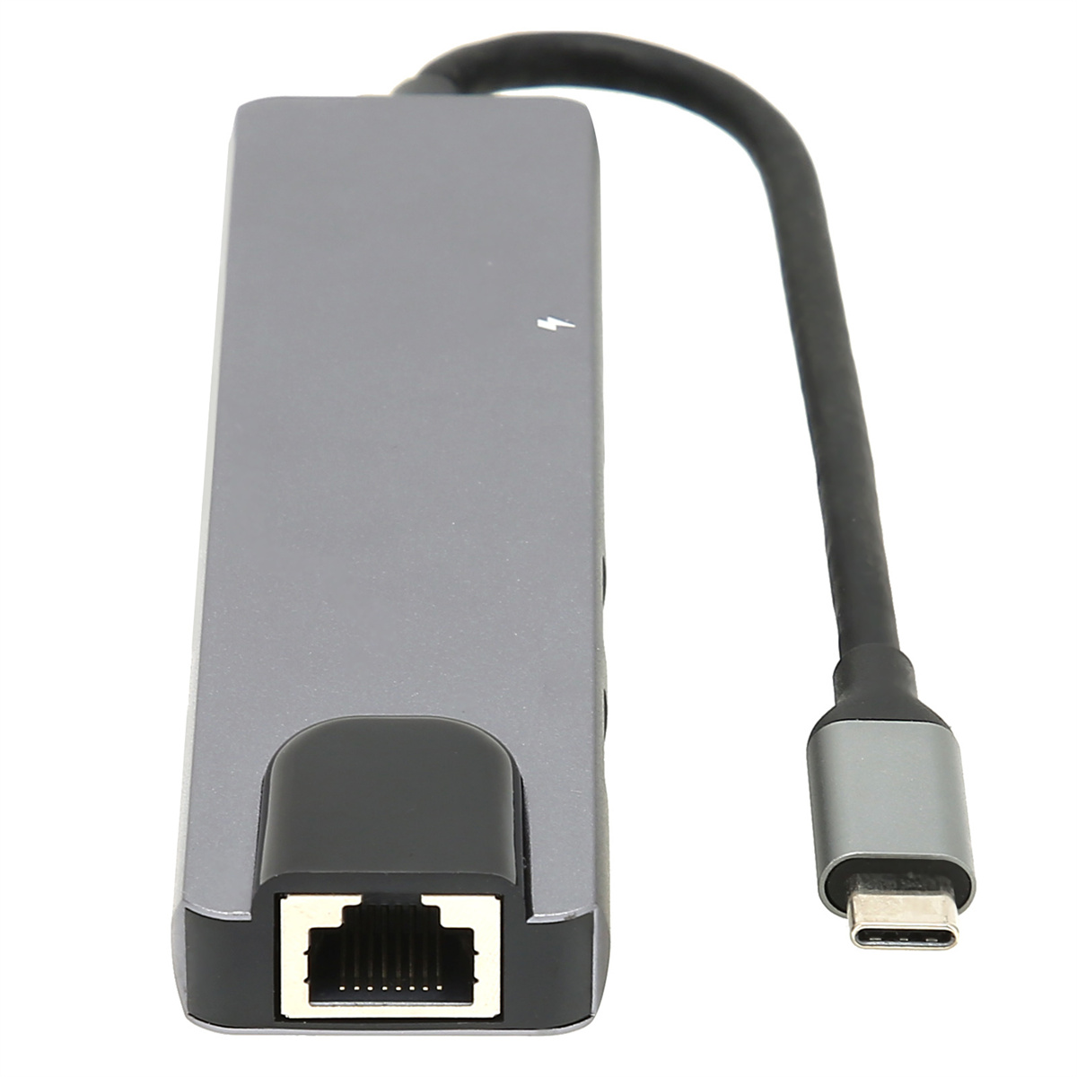 Grauer USB-C-Hub mit Ethernet-Anschluss und schwarzem Kabel. Weißer Hintergrund.