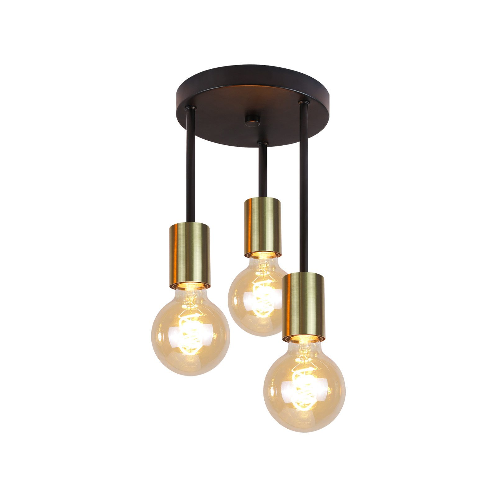 Lampada a sospensione a tre lampadine, base nera e dettagli dorati. Lampadine accese.