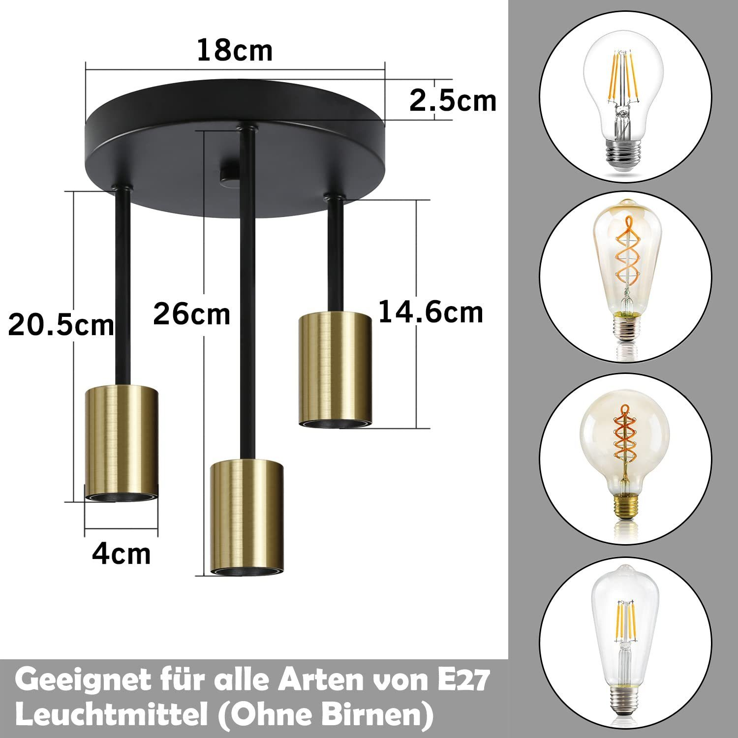 Lampada da soffitto nera con tre lampade dorate e dimensioni in cm.