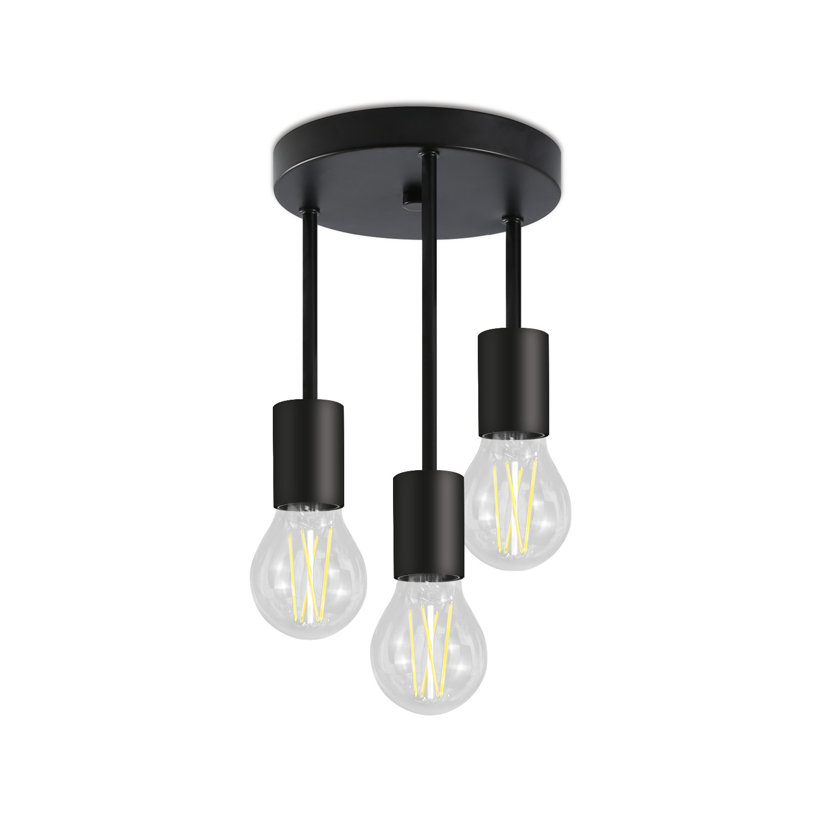 Lampa wisząca z trzema żarówkami, czarne wykończenie, przezroczyste żarówki z widocznymi włóknami.