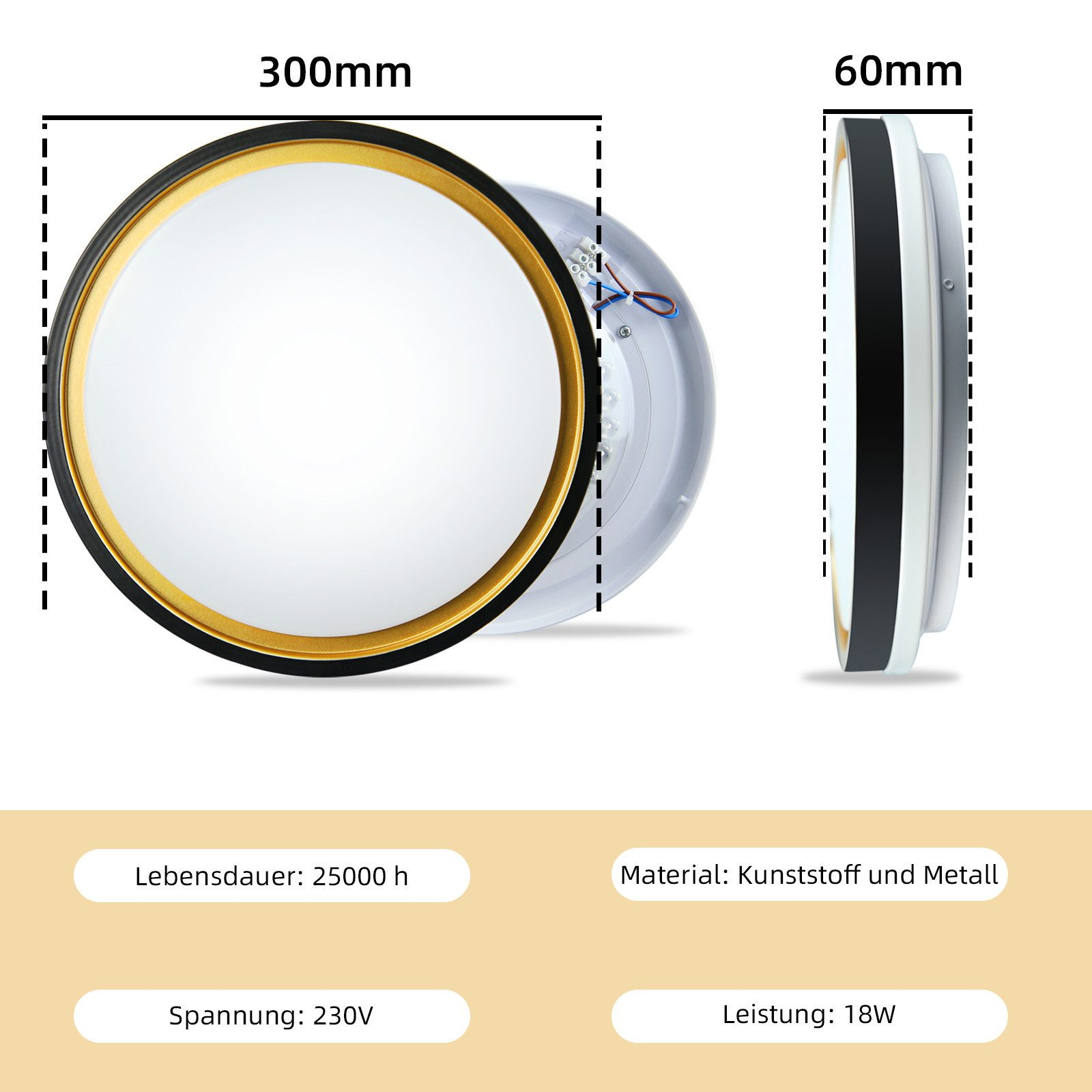 Okrągła biała lampa sufitowa LED ze złotą obwódką i specyfikacjami. Wyświetla wymiary i szczegóły techniczne.