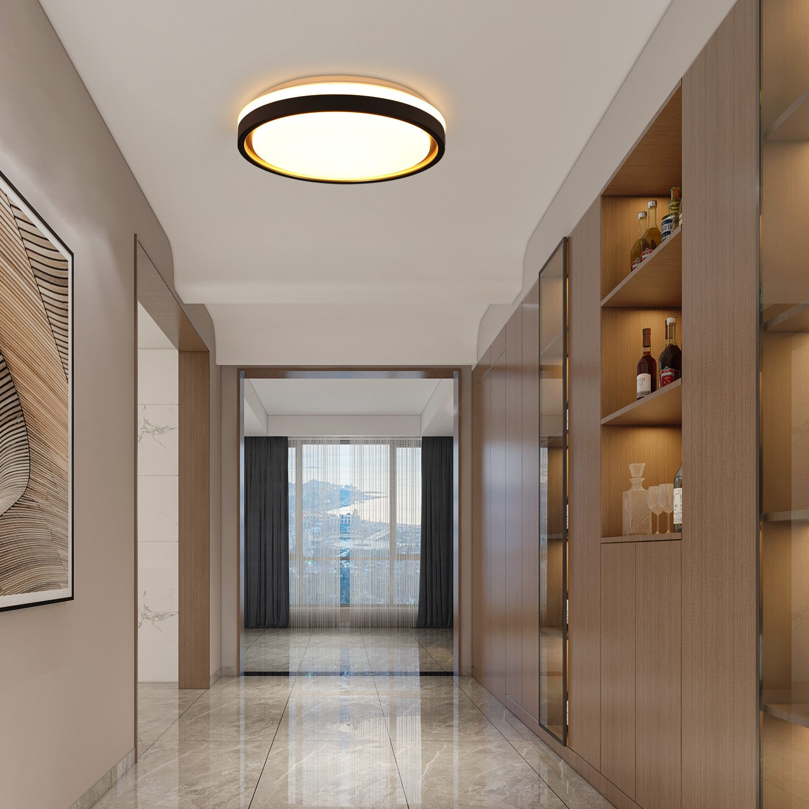 Korytarz z oświetleniem sufitowym, drewnianą szafką z szklanymi drzwiami i widokiem na zewnątrz.