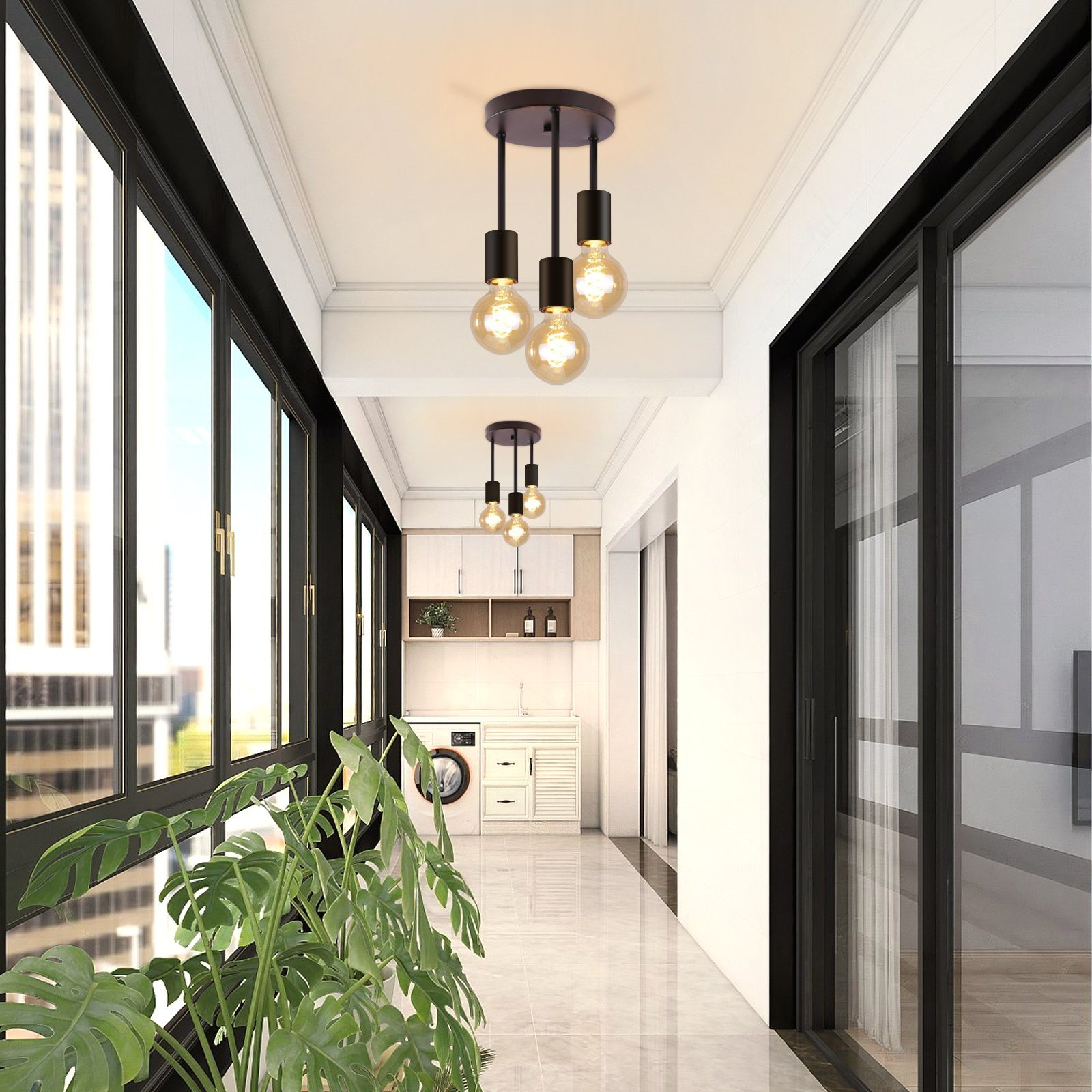 Dobrze oświetlony korytarz z 3 lampami wiszącymi. Okna po lewej, pralnia i drzwi po prawej.